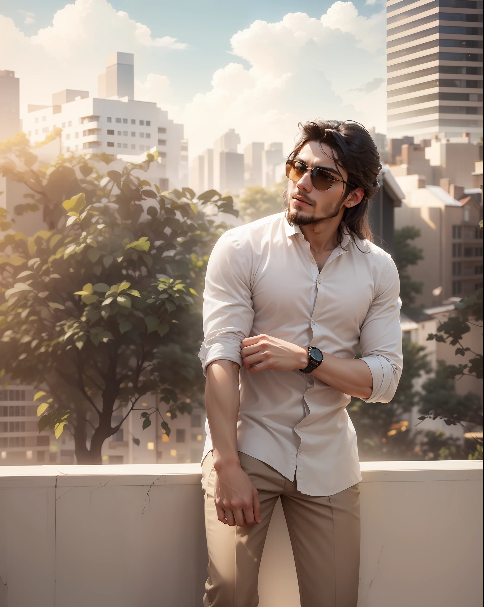 Change the background into a modern luxurious house's glassy balcony and outside view, buildings and sky, don't change face, modern city, men long hair style according to the image, an stylish outfit, urban city