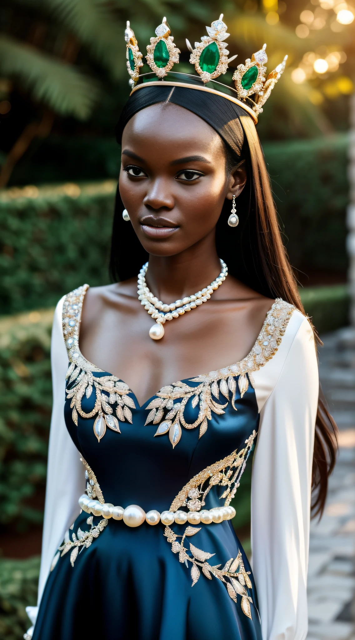 Realistic portrait of Ajak Deng, a talented 33-year-old Modelo, born under the sign of Sagittarius, sensitive and delicate, black a graceful height of 1.80 meters and a weight of 54 kilograms. She enchants everyone with her unique beauty, her fair skin and brown eyes accentuate her delicate features, which are enhanced by her long and silky black hair. 86 bust, 59 waist, 87 hips.She is wearing a truly magnificent and dazzling gala dress. The dress is made of pure silk with satin details, featuring a blend of ruby red and sapphire blue. The plunging neckline is adorned with a stunning majestic necklace, studded with diamonds, rubies, emeralds, and sapphires, shining like stars in the night sky. The necklace elegantly wraps around her neck, adding a touch of royalty and elegance. Richly decorated with intricate embroidery, lace details, and appliqués in gold or silver, all handcrafted. The long sleeves of the dress are made of delicate lace, providing an ethereal and graceful appearance, reminiscent of butterfly wings. She wears impeccable white gloves, made of fine silk, delicately covering her hands with elegance. On her feet, she wears high-heeled shoes, decorated with gold and silver details, adorned with small diamond stones, adding height and grace to her figure. On her head, she wears a stunning six-pointed crown, studded with rubies, with each point holding a pearl. In the background, a medieval castle with its majestic towers and imposing walls, surrounded by a lush landscape. An enchanting fairytale environment with beautiful gardens and water fountains reflecting the sunlight. The ancient stone walls provide a fascinating contrast with the vibrant and warm colors. The lighting further highlights the dress details, the precious stones of the necklace, and the dazzling crown on her head. Soft and bright light creates a magical effect, enhancing the colors and bringing even more glamour and sophistication. Gracefully, she moves toward the viewer, her eyes fixe