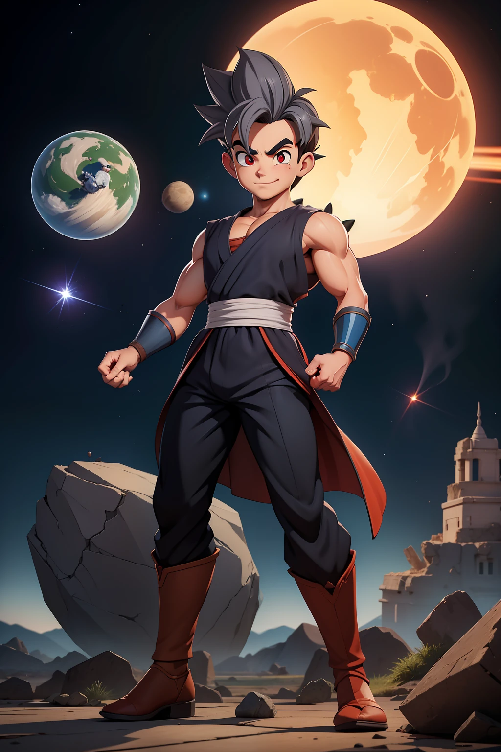 masterpiece, best quality, ultra-detailed, Adult Gohan 1boy, solo, Full body, evil smile, grey hair, spiked hair, red eyes, dougi, full body, looking at viewer, male focus, earth \(planet\), planet, space, cracked ground and rocks rising up, rubble rising,