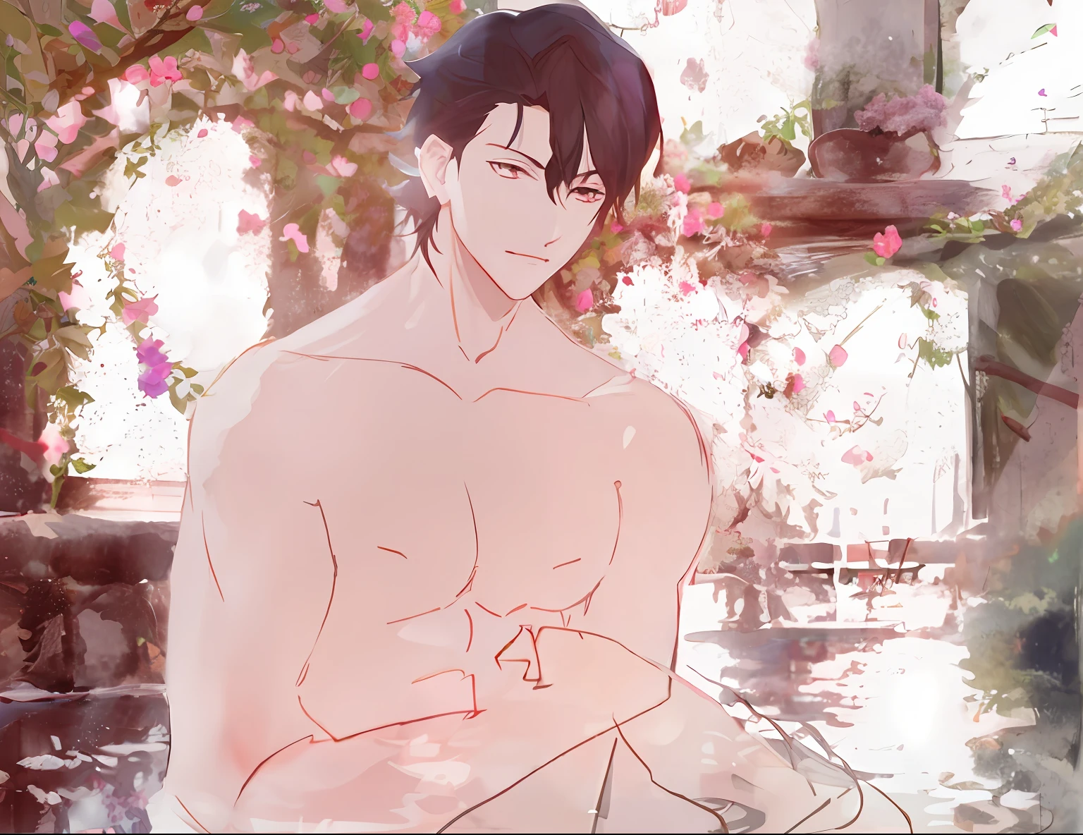 Naked anime man standing in front of a bush of flowers, Inspired by Bian Shoumin, Handsome anime pose, Anime handsome man, made with anime painter studio, inspirado em Okumura Masanobu, kentaro miura art style, The exquisite prince, kentaro miura art, inspired by Tomioka Tessai，cinematic style，pink flower，In the pool，english architecture