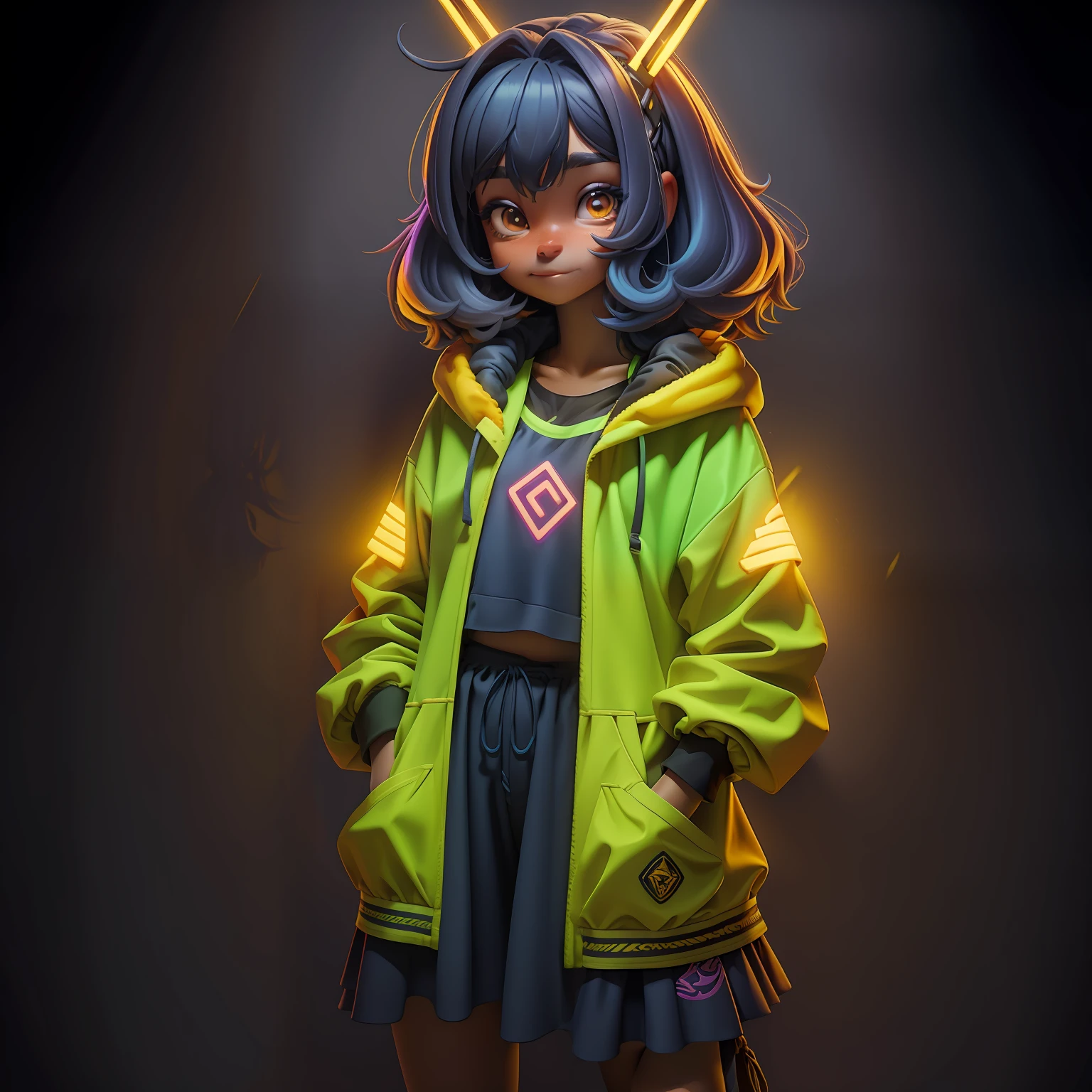 menina lama, (lama), cabelo curto, Laranja de Portland, roupas rave neon, master part, best quality