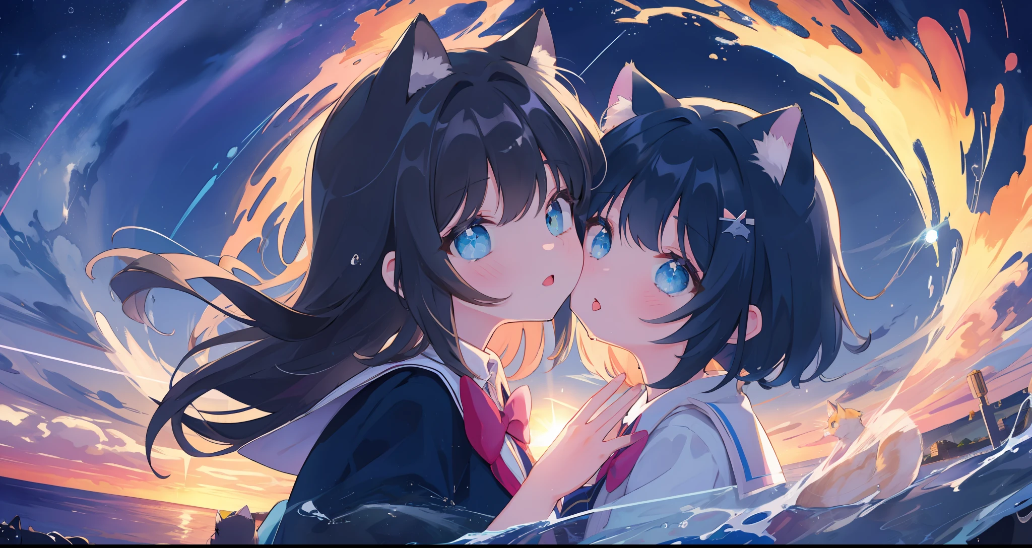 masterpiece,best quality, lens flare, depth of field, (close-up,face focus:1.2), (wide shot, fisheye:0.85), flying, floating, floating hair,
(2girls:1.1), multiple girls, (cheek to cheek:1.3), kissing cheek, (french kiss:1.1), tongue out, saliva trail, saliva, looking at viewer, black hair, school uniform, cat ears, cat girl, sparkling eyes,
standing, outdoors, night, starry sky, landscape, scenery, horizon, cinema lighting ,cinemagraph, fog, reflection, sunset, wet, rainy,