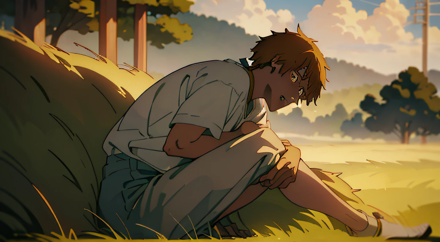 Denji with a scraped knee on a grassy lawn, captured through the lens of a 35mm photography. This candid shot, taken by the talented photographer Jane Doe, portrays Denji's slightly pained yet resilient expression. The warm color temperature bathes the scene in a nostalgic glow as the late afternoon sun casts long shadows. The lighting enhances the tender atmosphere, emphasizing Denji's youthful innocence amidst the backdrop of nature's beauty. --v 5 --stylize 1000