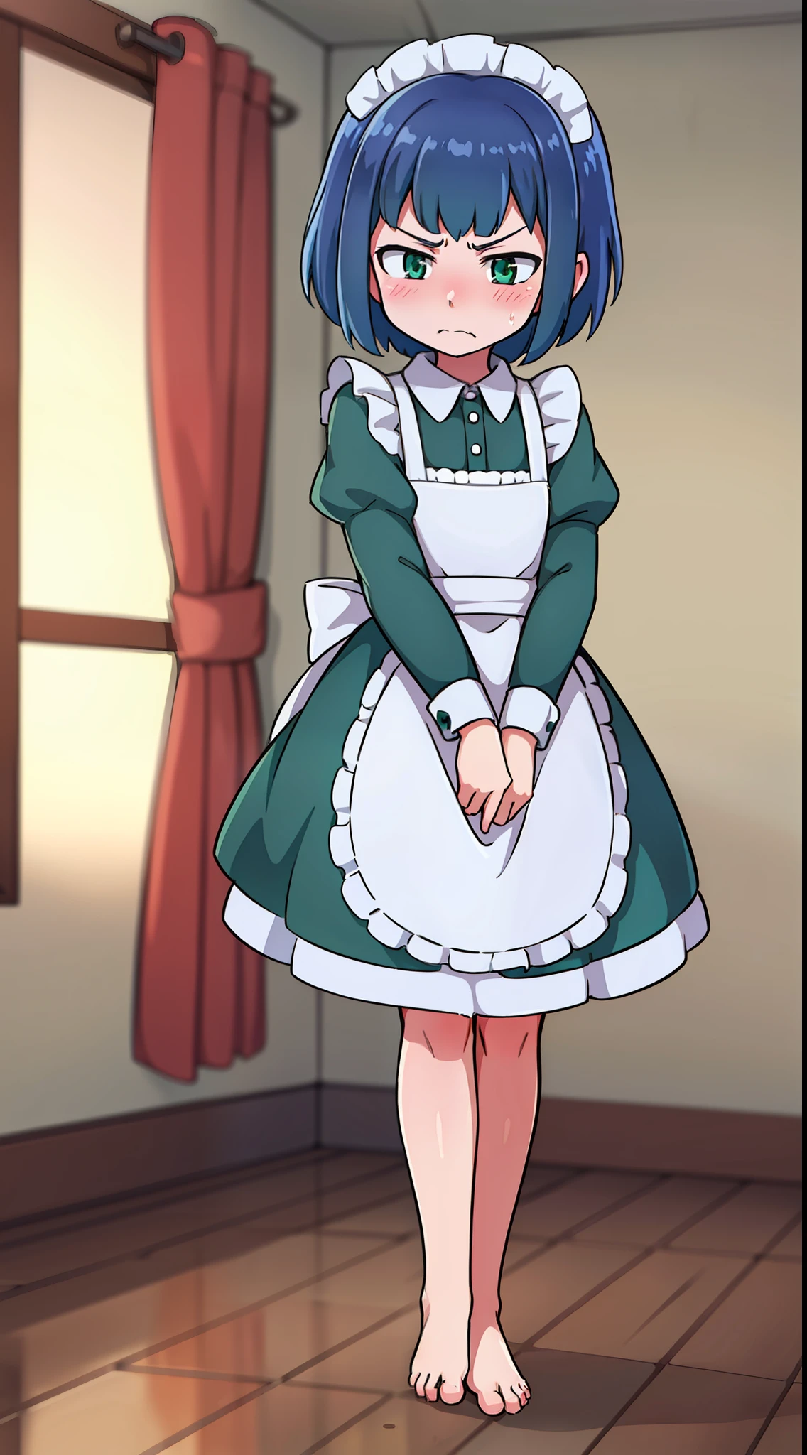 hiquality, tmasterpiece (One  girl, housemaid) Sweet face, frowning, indifferent face, dark smooth short hair. Green eyes, maid outfit, bare feet. In the background of the room. gloomily.