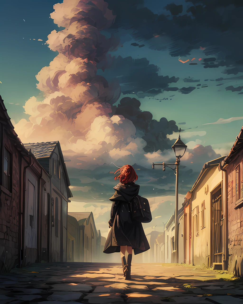 (RAW Photo, DSLR, 8K, HDR), (wide shot, long shot, rule of one third), (award winning cinematic shot), ( cinematography by denis villeneuve), masterpiece,(absurdres, highres, ultra detailed, aesthetic:1.2), a girl on the journey BREAK a girl with bright ginger red hair, (hair flowing in the wind), (wearing leather armor),(black cloak ragged and billowing in the wind), looking at the scenic view, full body, (seen from behind:1.2) BREAK scenic view surrounded by dark clouds, cumulonimbus, god rays, a breathtaking backdrop BREAK (film still, cinematic lighting, cinematic shot), (a fantasy art)