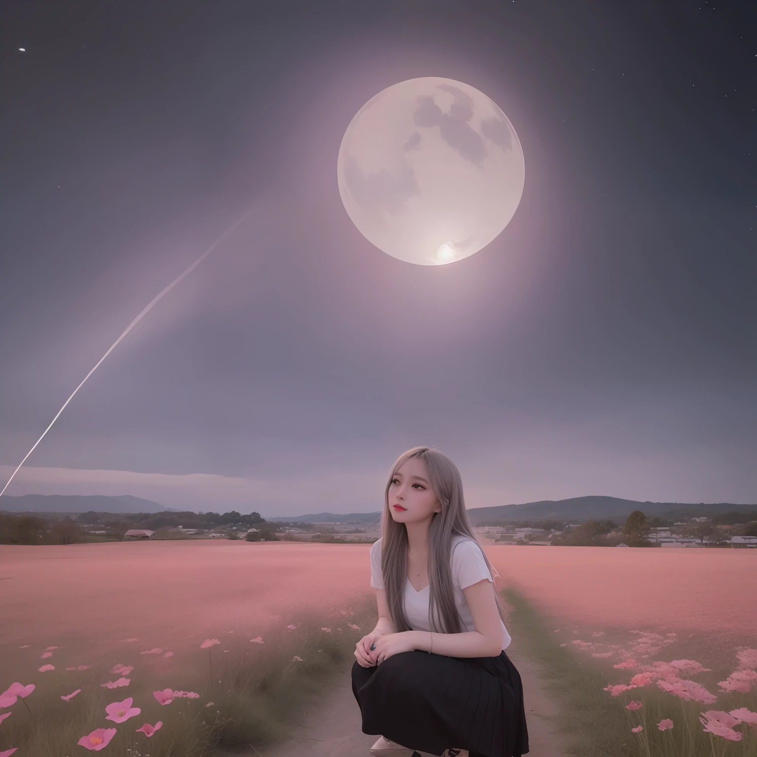 Vast landscape photos、(View from below with a view of the sky and the wilderness below)、Girl standing in a flower field and looking up、(fullmoon:1.2)、(shooting stars:0.9)、(nebulas:1.3)、mountain in the distance、Tree Break Production Art、(Warm color light source:1.2)、(fireflys:1.2)、abajour、Purple and orange、intricate detailes、Volume Lighting BREAK (masterpiece:1.2)、(top-quality)、4K、ultra-detailliert、(The composition of the movement:1.4)、Highly detailed and colorful details(Irridescent color:1.2)、(Glowing lighting、Atmospheric illumination)、dream-like、Magical、(独奏:1.2)、a 18 year old girl、Pleated long skirt、10cm Black High Heels、Heel only red、squatting with your knees、Kuro's long hair、Hair fluttering in the wind、Black knitwear、Spread your hands a little、A black hazy aura comes out of the palm.、