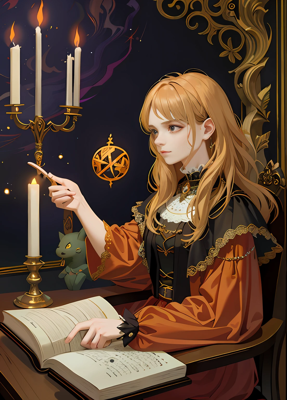 There is a woman sitting at a table with a book and a candle, Retrato de uma jovem bruxa, Retrato de uma jovem bruxa, classical witch, uma jovem bruxa, No estilo de arte Bowater, retrato do livro do RPG, Retrato de uma bruxa, maga feminina de fantasia sombria, fantasy book illustration, Female mage conjuring a spell, Retrato de uma feiticeira