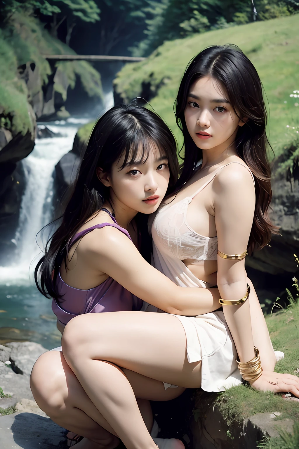 NSFW， 8K Raw photograph， best qualtiy， tmasterpiece， 超高分辨率， filmgrain， cinematic ligh,looking at viewert， Natural skin texture,Realistic Eyes and Face Details,((Realistic:1.5)),Ulzzang-6500:1.4,((Best quality)), ((Masterpiece)),((Detailed)),2girls,duo,{2 beautiful women}, (Upper body:1.3),Hug and touch each other, Tease your friend's waist, Breathless friends, Biting a friend's earlobe, crouched,super wide shot,Face focus, Long legs,Curvy, Barefoot,Wide hips, Thin legs, Oversized eyes,Long eyelashes, (Detailed face,beautidful eyes, detailedpupils,detailed clothes features, Clear background:1.3), (armlets, bangle:1.3), Mysterious ancient ruins, floresta exuberante, Deep canyon,bridge,River,cliff,Cloud,lakes,Rock music,Waterfalls, Flowers, Grass,grape trees,tree,bright detail,Sharp,Perfect compounding, Intricate, Sharp focus, Dramatic,