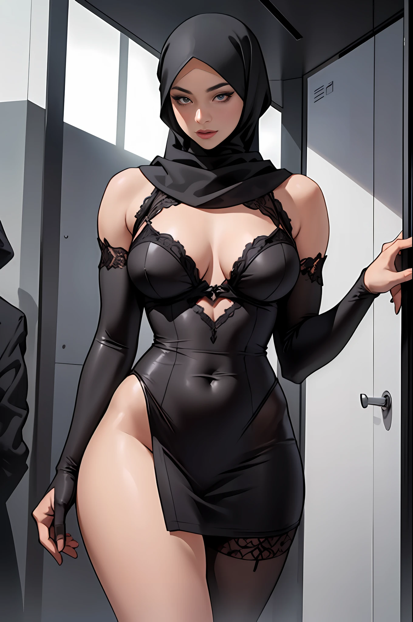 "An exquisite masterpiece with the finest quality, featuring a strikingly realistic portrayal of a confident woman. She wears a stylish hijab and showcases her beautiful curves, emphasizing her voluptuous posterior and long, slender legs. Dressed in black lingerie, complemented by alluring stockings and elegant stilettos, she exudes sensuality and sophistication in this full-body composition."