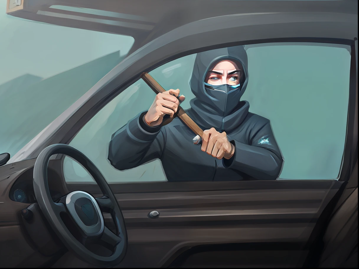 Masked man driving car with stick, theft, anonymous as a car, Female thief, Chasing robbers in the streets, robbery, stylized digital illustration, Street, Menacing!!!, Menacing!, trespasser, Surprise, Car Chase, dangerous, Car, Car, vehicle illustration, Driving, aggressive, safe, intense knowledge, easy go