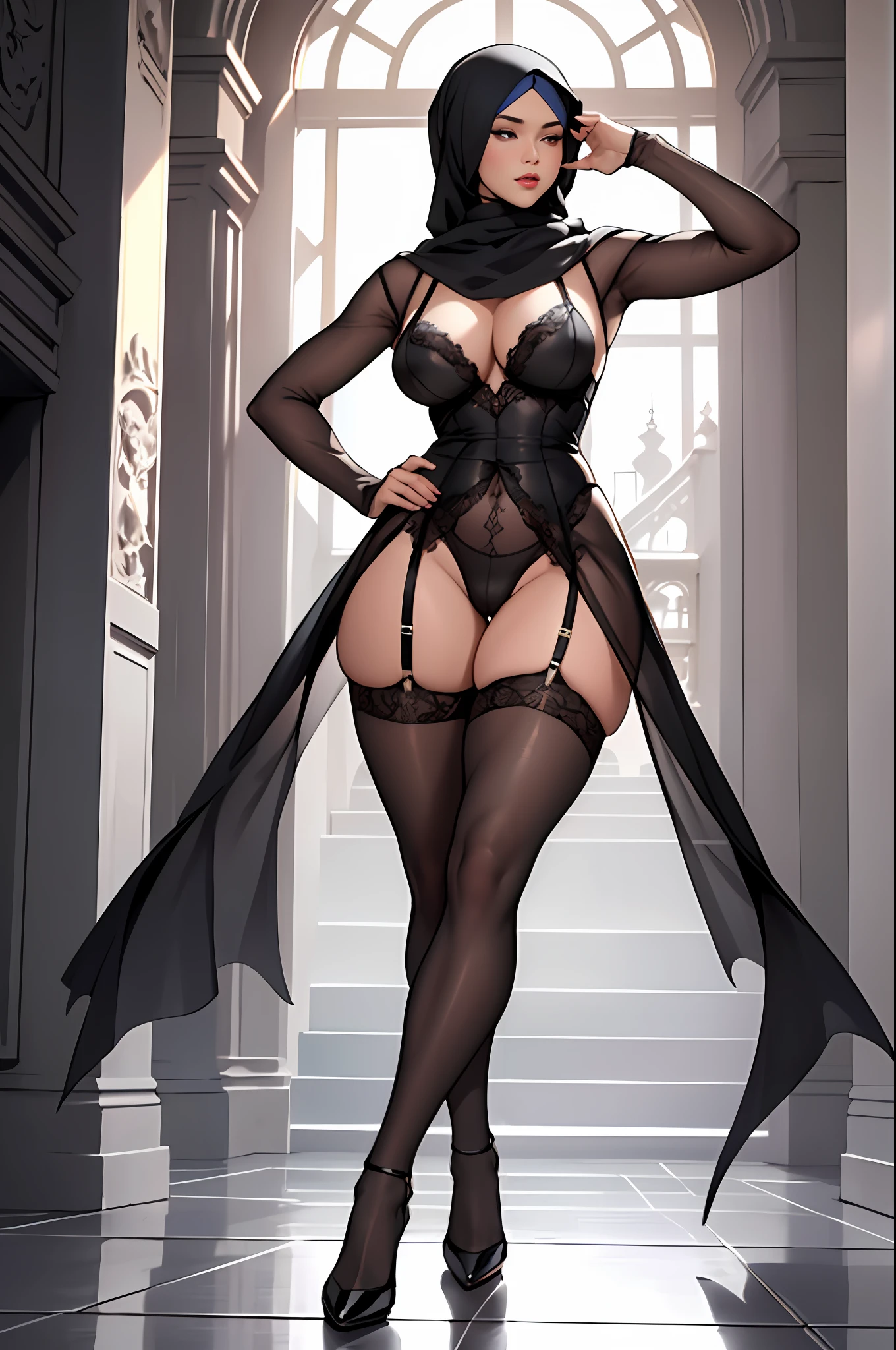 "An exquisite masterpiece with the finest quality, featuring a strikingly realistic portrayal of a confident woman. She wears a stylish hijab and showcases her beautiful curves, emphasizing her voluptuous posterior and long, slender legs. Dressed in black lingerie, complemented by alluring stockings and elegant stilettos, she exudes sensuality and sophistication in this full-body composition."