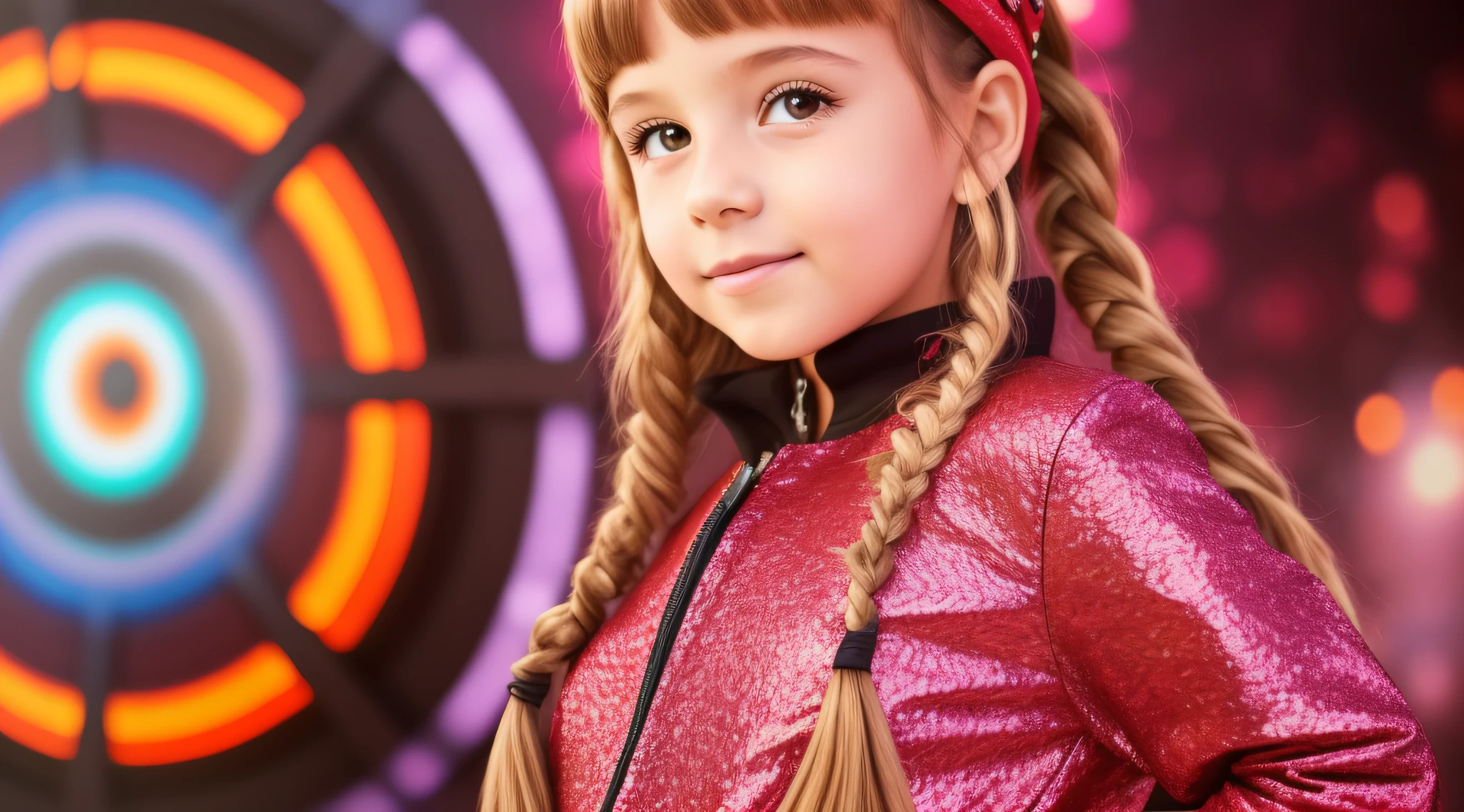 , Russian blonde in braids, com roupa de jaqueta de couro vermelha, Estilo retrato, fundo preto e vermelho, uma bola de disco prateada com um reflexo de espelho sobre ela, bola de discoteca, bola de discoteca no fundo, prata brilhante.