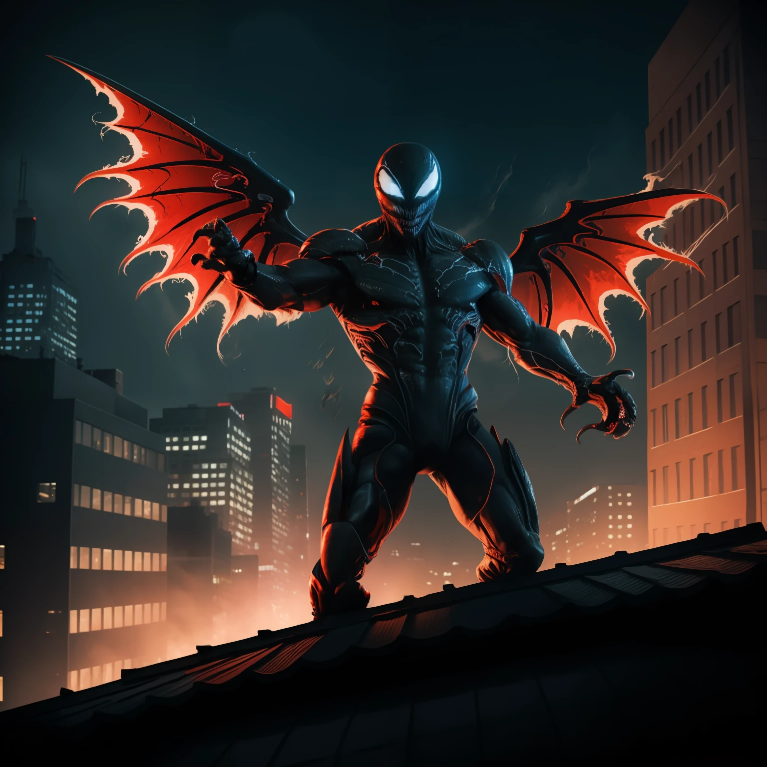 Alien symbiote,white eyes, long tongue,sharp teeth, black skin, red veins on the body, red hands, jacked, tall, wings, on the roof of a building, at night, male, solo, cowboy shot, looking at the viewer, masterpiece