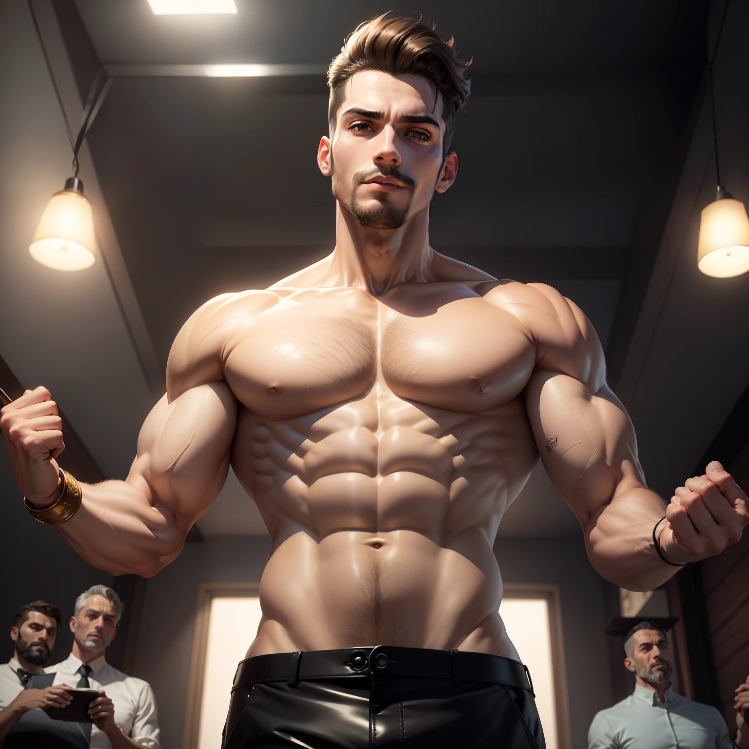 , 16 ~ 20 as, musculoso masculino, Foco masculino, NSFW, Realistic, pessoa real, Palco Central, The golden ratio, Retrato de corpo inteiro, simetric body, sharp-featured body, alto, corpulento, Altas, slender build, anatomia perfeita, pele brilhante, textura da pele, whole head, franja transparente, cabelo cortado zumbido, Cabelos escuros, oblique fringe, grandes olhos brilhantes, symmetric eyes, Ahoge, Nariz Reto, nariz romano, boca fechada, rosto reto sem bigode afiado, Queixo, double-edged polearm, ombros largos, 鎖骨, large biceps, peitorais grandes, large areolas, grande inchado , normal length of an arm on one side and an arm on the other side, comprimento normal de 5 dedos de um lado e 5 dedos do outro lado, polegar : Indicador : middle finger : dedo anular : dedo auricular = 3.3 : 6.6 : 8.5 : 7: 3.3, fazendo punhos, Nothing in your hands, quadris largos, aristocratic attire, estiramento bdominal, cintura fina, biceps implants, implantes peitorais, implantes six-pack, triceps, encaixe apertado, ajustando a camisa de gola stand-up, ajustando gravata, ajustando jaqueta, ajustando roupas de couro abertas, adjusting golden leather armbands, ajuste de travas laterais, ajuste de mangas de couro destacadas, ajuste de luvas de cotovelo de couro, outfit accessorized with pale yellow sash, golden tracery, Gold-Trim, adjusting leather pants, absurdamente grande ereto sob a roupa, absurdly large with testicles under clothes, absurdly large bulge, comprimento normal de uma perna fina de um lado e uma perna fina do outro lado, agir natural, sorridente, encantado, Handsome, Serious, stoic, poderoso, Tonificado, solene, enigmatic nature, exterior and Stoic suggested by the wise and contemplative gaze, comportamento nobre, popa, quente, sagacidade afiada, cheio de sabedoria, sorriso alegre, de frente, Olhando para o Visualizador, tom normal, master part, best quality, hiper-detalhado, detalhes i