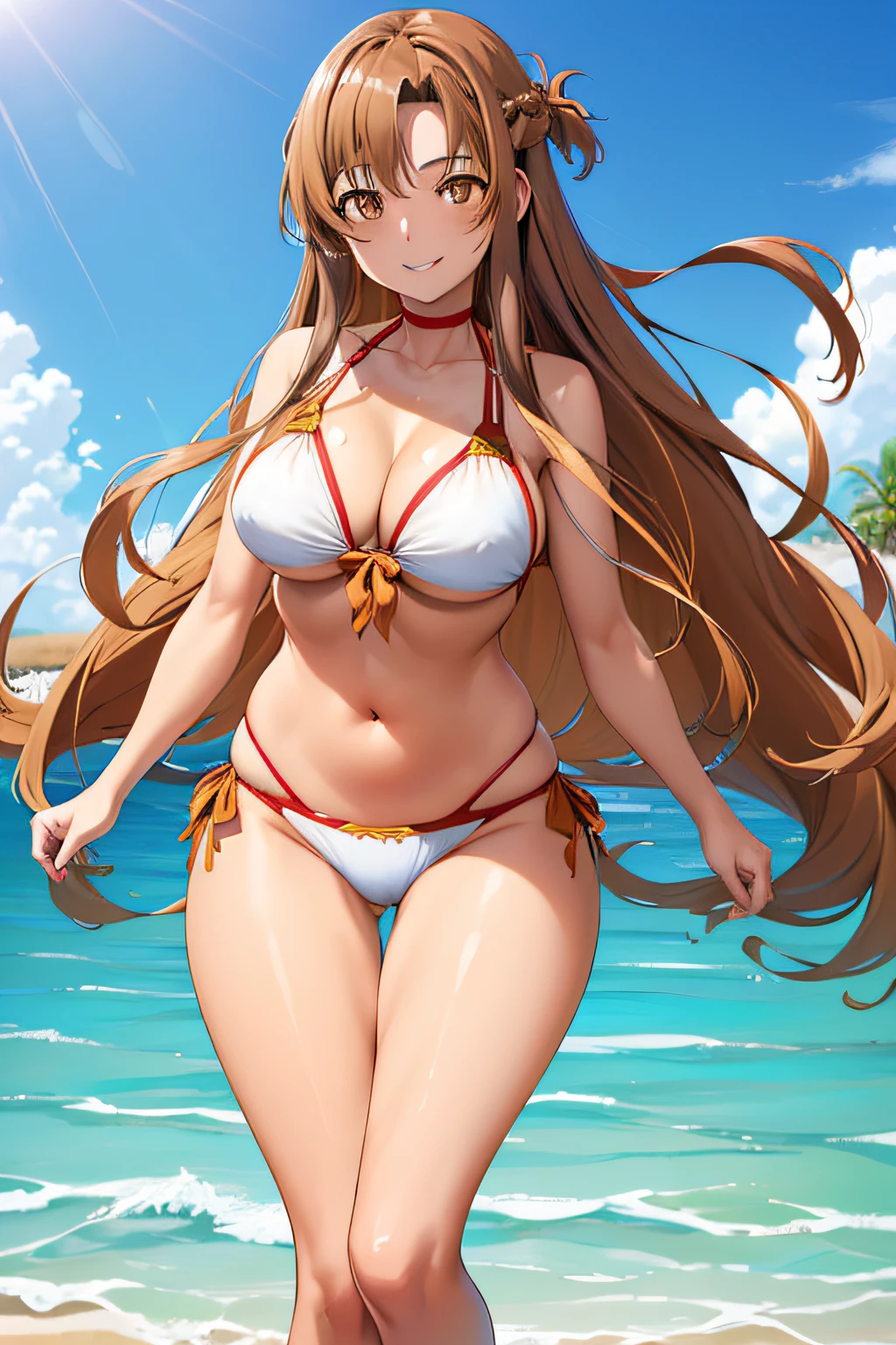 (Best Quality:1.3), asunayuuki, Light brown long hair, (Brown eyes:2), Large breasts, thighs thighs thighs thighs, White Bikini, Smiling, (POV), Beach