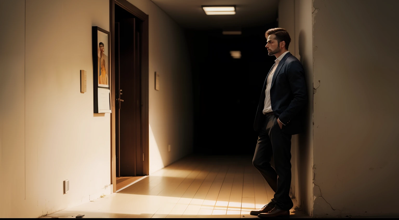 um homem de 30 anos, standing in an empty spot, sozinho pensando, realistic oil painting great quality