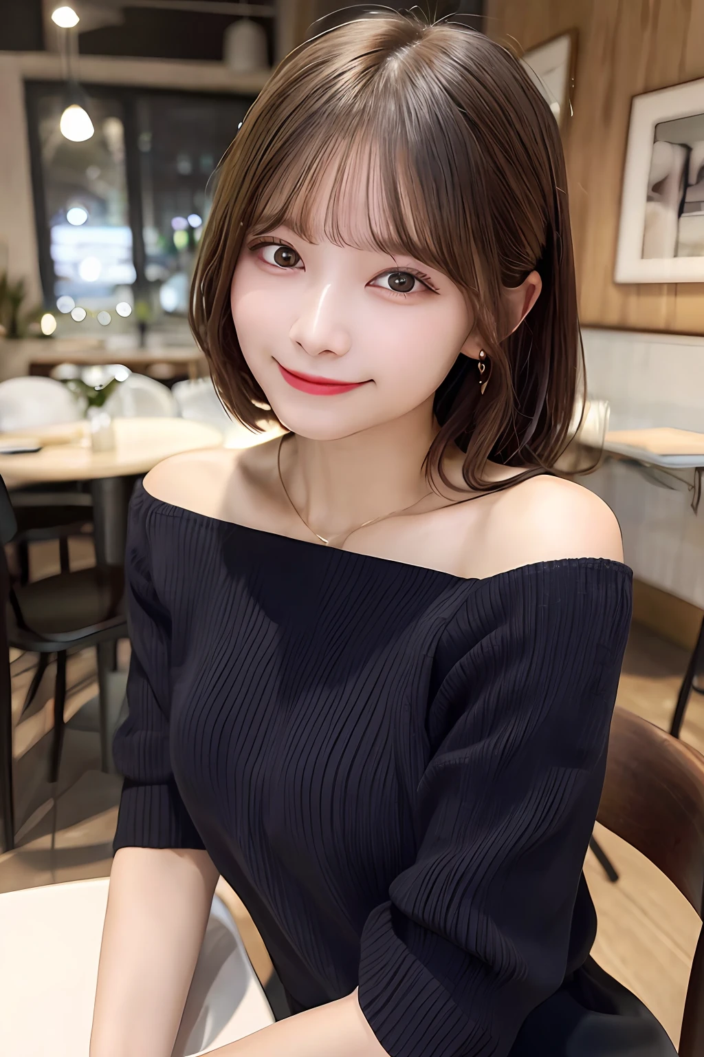 top-quality、Photorealsitic、8K、hight resolution、Perfect litthing、a gorgeous、masterpiece、realisitic、closeup portrait、
1girl in、piercingeyes、off-the-shoulder sweater、middlebreasts、shorth hair、Look at viewers、kindly smile、in a cafe、in the room、a miniskirt