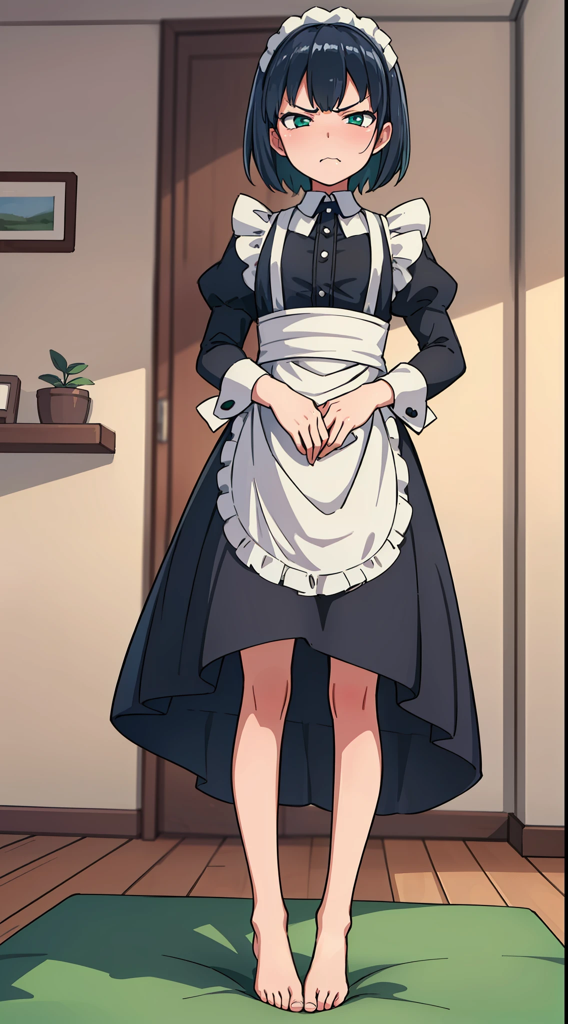 hiquality, tmasterpiece (One teenage girl, housemaid) cute face, Frowning, indifferent face, dark smooth short hair. Green eyes, maid outfit, bare feet. In the background of the room. gloomily.