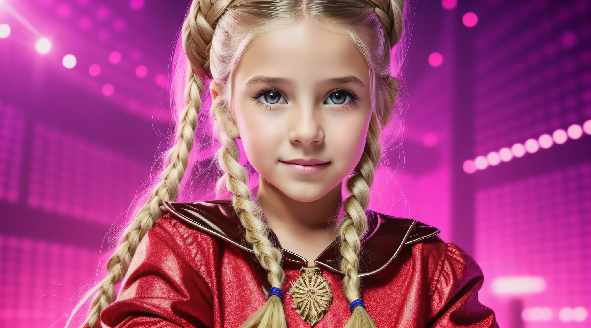 Girl child , Russian blonde in braids, com roupa de jaqueta de couro vermelha, Estilo retrato, fundo preto e vermelho, uma bola de disco prateada com um reflexo de espelho sobre ela, bola de discoteca, bola de discoteca no fundo, prata brilhante.