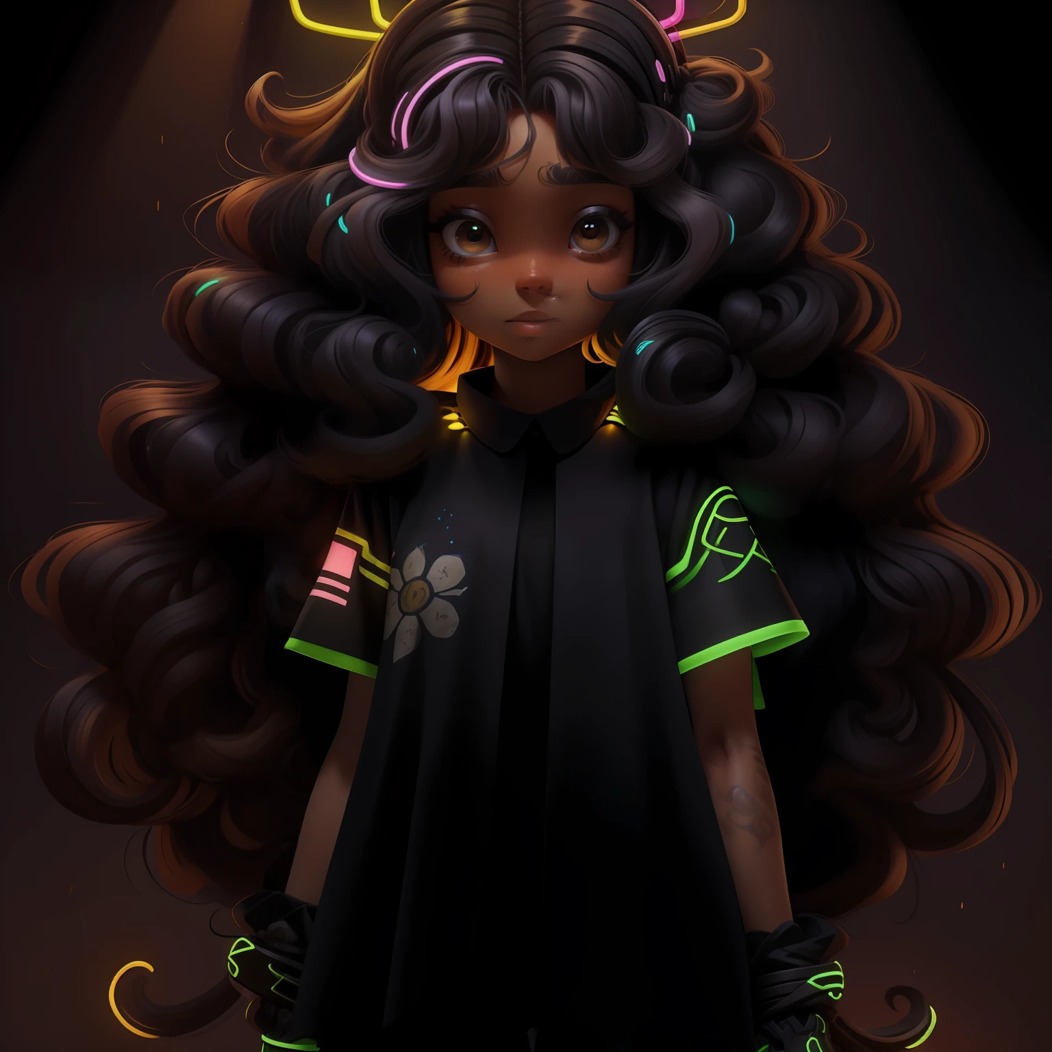 menina velho, (velho), cabelo curto, castanho marrom escuro, roupas rave neon, master part, best quality