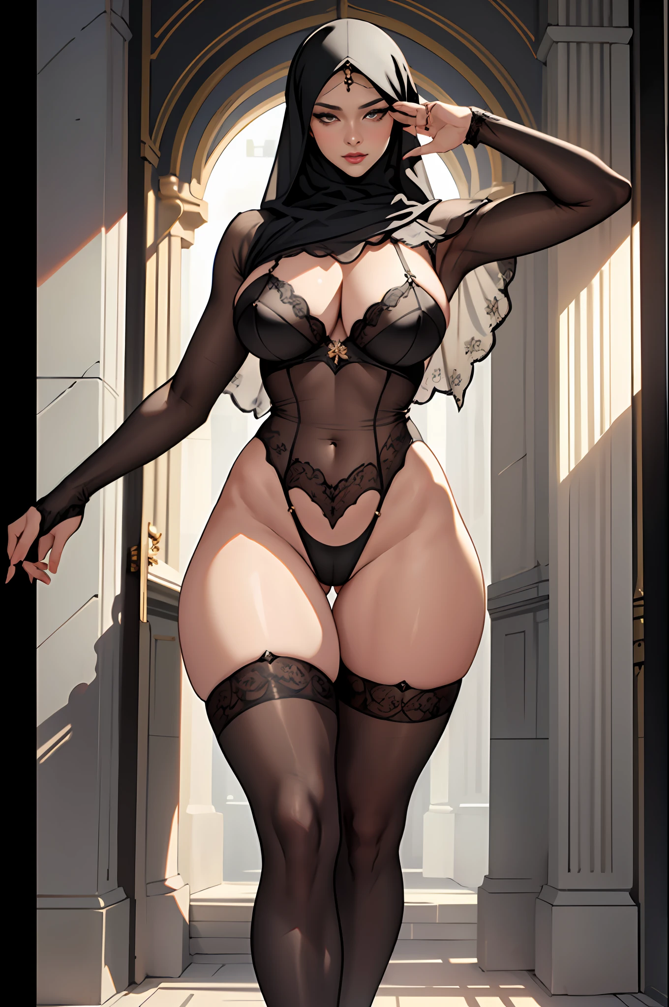 "An exquisite masterpiece with the finest quality, featuring a strikingly realistic portrayal of a confident woman. She wears a stylish hijab and showcases her beautiful curves, emphasizing her voluptuous posterior and long, slender legs. Dressed in black lingerie, complemented by alluring stockings and elegant stilettos, she exudes sensuality and sophistication in this full-body composition."