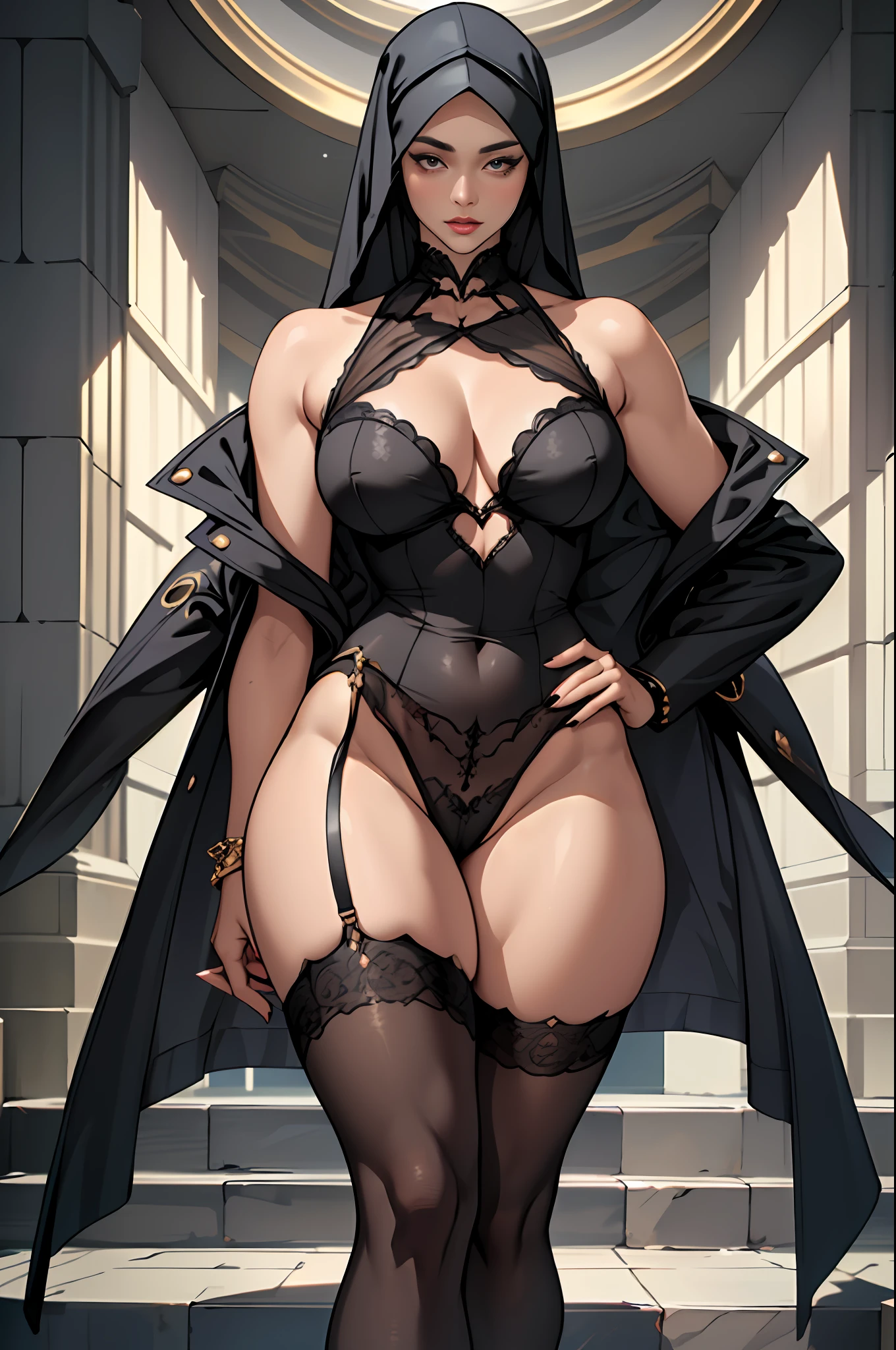 "An exquisite masterpiece with the finest quality, featuring a strikingly realistic portrayal of a confident woman. She wears a stylish hijab and showcases her beautiful curves, emphasizing her voluptuous posterior and long, slender legs. Dressed in black lingerie, complemented by alluring stockings and elegant stilettos, she exudes sensuality and sophistication in this full-body composition."
