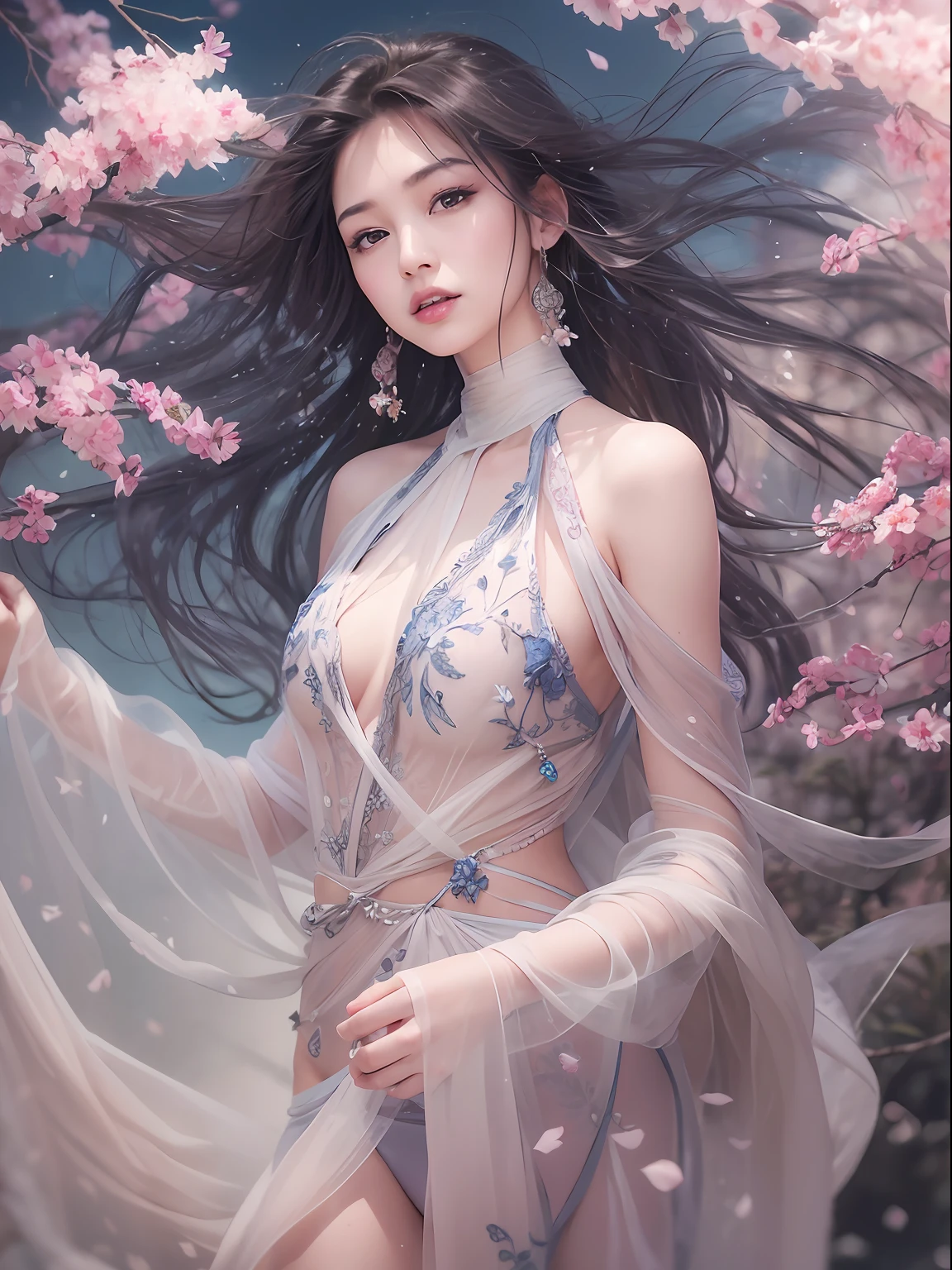 loose outfit、Show shoulders、How to wear a gown with a broken see-through halter neck、Decorated with intricate patterns and pastel colors、Transparent material that makes the skin shine、Artistic depiction of seductive woman in gown with wet thin cloth and transparent skin, Floral and fantastic pattern with flowing silky traditional see-through skin。Her dress draped elegantly around her curvaceous figure、Emphasizes her charming silhouette。She's a gentle fireworks night、Dynamic Posing、Sexy Posing、bathed in the soft glow of moonlight。The scene is、With a hint of mystery and sensuality、It exudes an ethereal dreamy atmosphere。The image style is、It incorporates a blend of watercolor and digital illustration techniques.、It makes you feel delicate beauty and charm。Soft moonlit lighting、Cast gentle highlights and shadows on her mesmerizing features。Dynamic Posing、Bold poses、The hand is somewhere、see -through、show through、A sexy、Wet hair、Wet、cherry trees、flower petals、cherryblossom、The cherry tree、Sakura blizzard、buried、Transparent skin、Wet clothes、Chest Pulling、Translucent clothes、Eau、nudde、