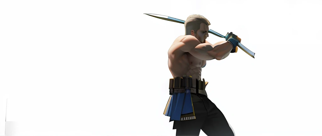 "Powerful, muscular man with a striking physique, white hair, shirtless, engaged in an intense knife fight, skillfully swinging his knife."