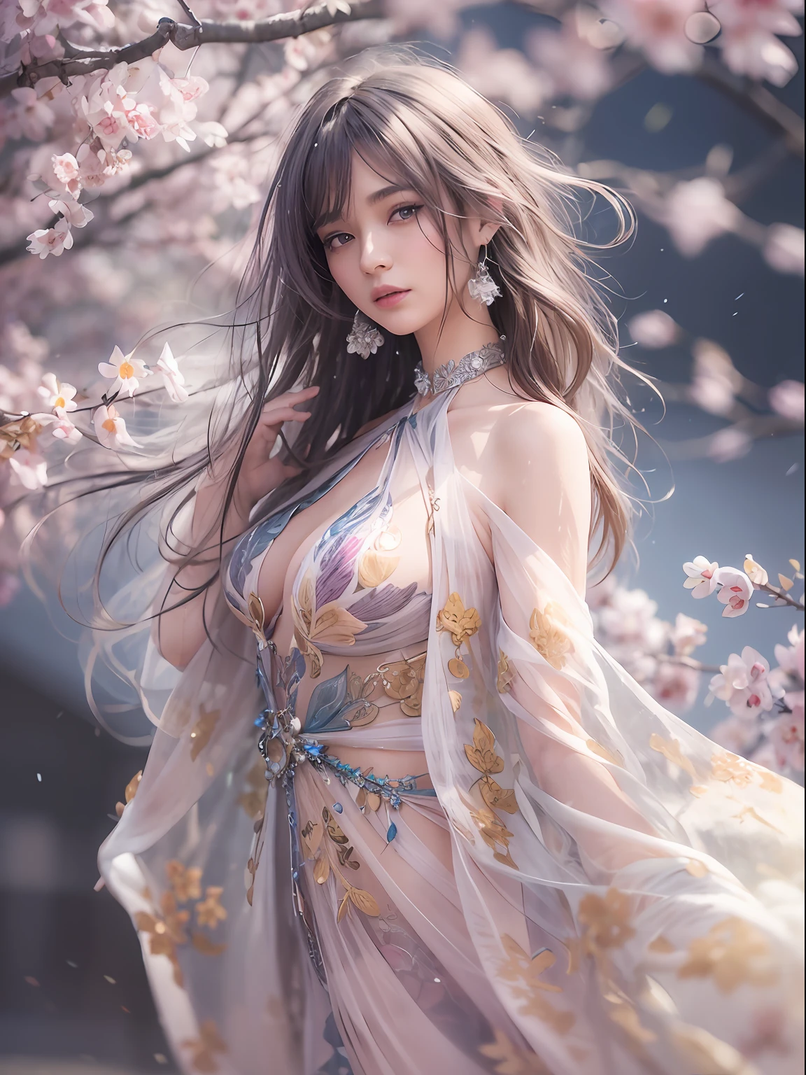 loose outfit、Show shoulders、How to wear a gown with a broken see-through halter neck、Decorated with intricate patterns and pastel colors、Transparent material that makes the skin shine、Artistic depiction of seductive woman in gown with wet thin cloth and transparent skin, Floral and fantastic pattern with flowing silky traditional see-through skin。Her dress draped elegantly around her curvaceous figure、Emphasizes her charming silhouette。She's a gentle fireworks night、Dynamic Posing、Sexy Posing、bathed in the soft glow of moonlight。The scene is、With a hint of mystery and sensuality、It exudes an ethereal dreamy atmosphere。The image style is、It incorporates a blend of watercolor and digital illustration techniques.、It makes you feel delicate beauty and charm。Soft moonlit lighting、Cast gentle highlights and shadows on her mesmerizing features。Dynamic Posing、Bold poses、The hand is somewhere、see -through、show through、A sexy、Wet hair、Wet、cherry trees、flower petals、cherryblossom、The cherry tree、Sakura blizzard、buried、Transparent skin、Wet clothes、Chest Pulling、Translucent clothes、Eau、nudde、