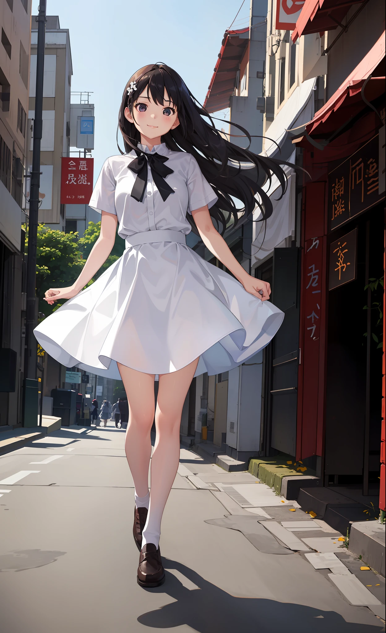 1girl in、A smile、The shirt、skirt by the、White fluffy dress、(small tits)、Chilarism、movement、the wind、