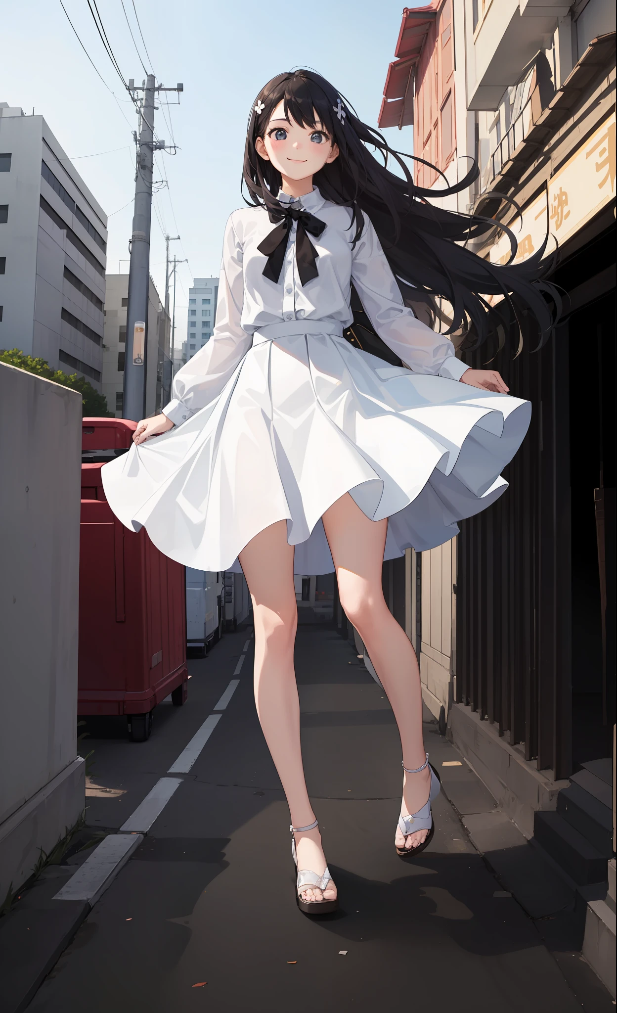 1girl in、A smile、The shirt、skirt by the、White fluffy dress、(small tits)、Chilarism、movement、the wind、