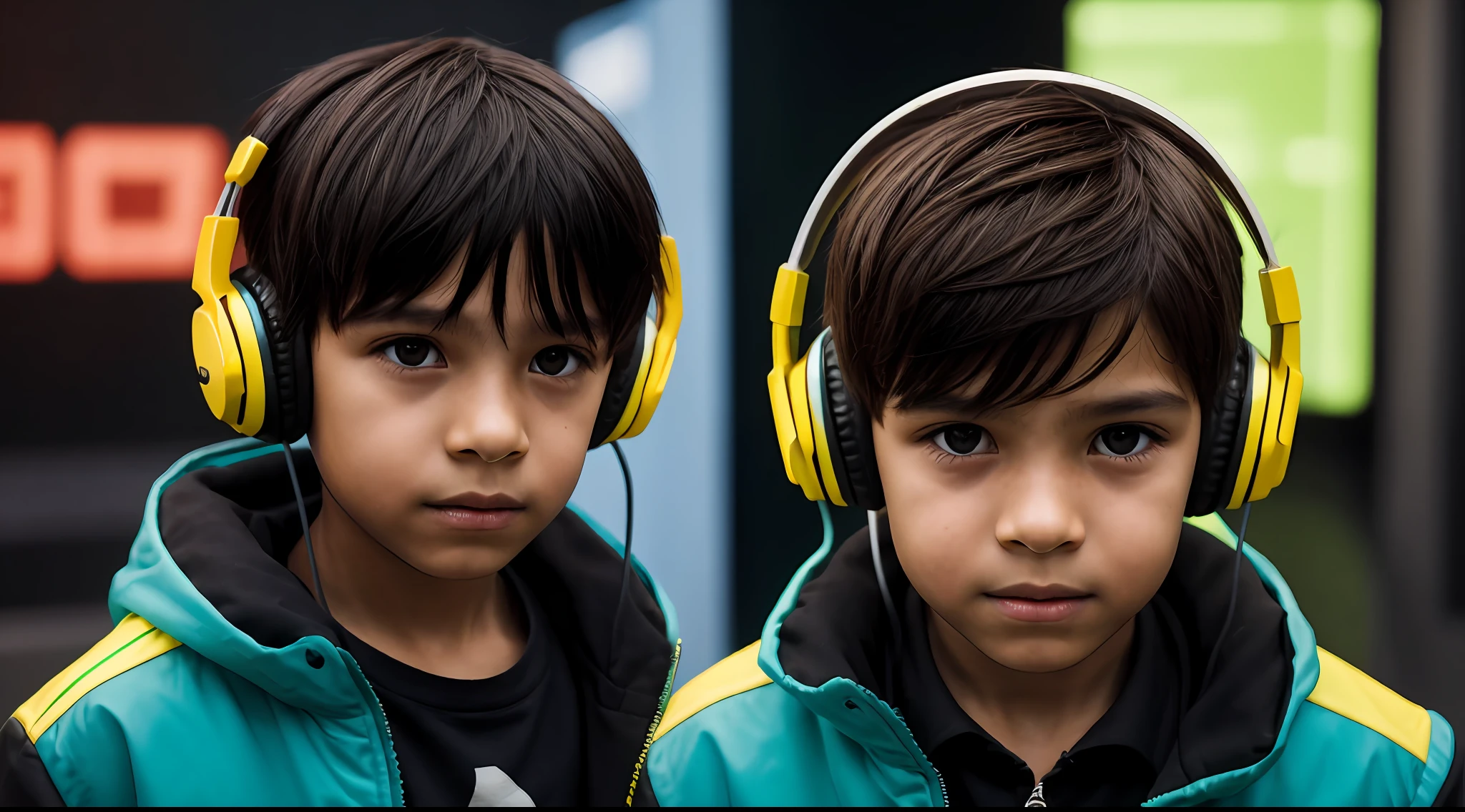 Brazilian  boy short straight dark hair, Put on a headset and change into a cyberpunk yellow coat but don't change your face, fundo cinza.