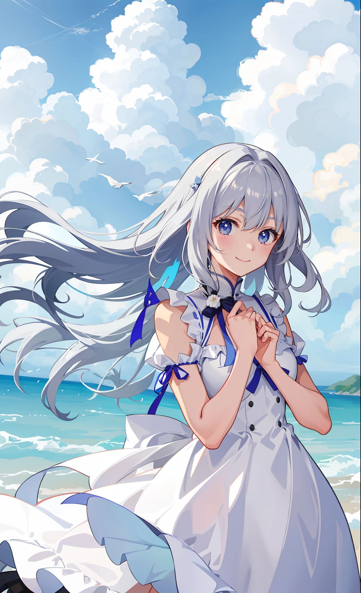 1girl in、A smile、White fluffy dress、the wind、夏天、