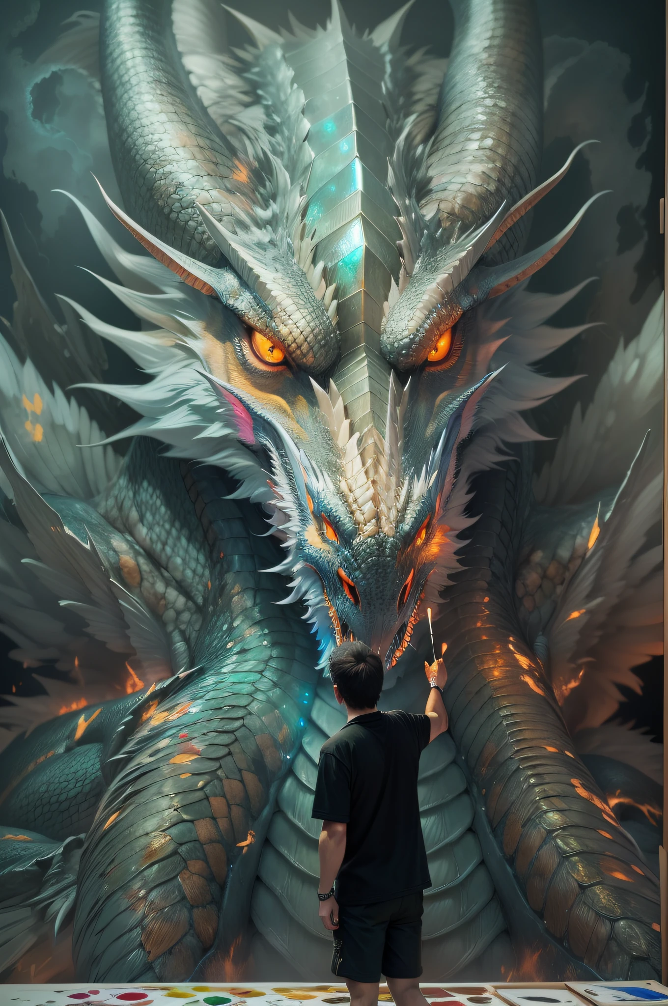 The old man painting with luminous irisdescent paint his giant silver dragon in your DIY amazing gallery. Cinematic light. Very expressive(pt)