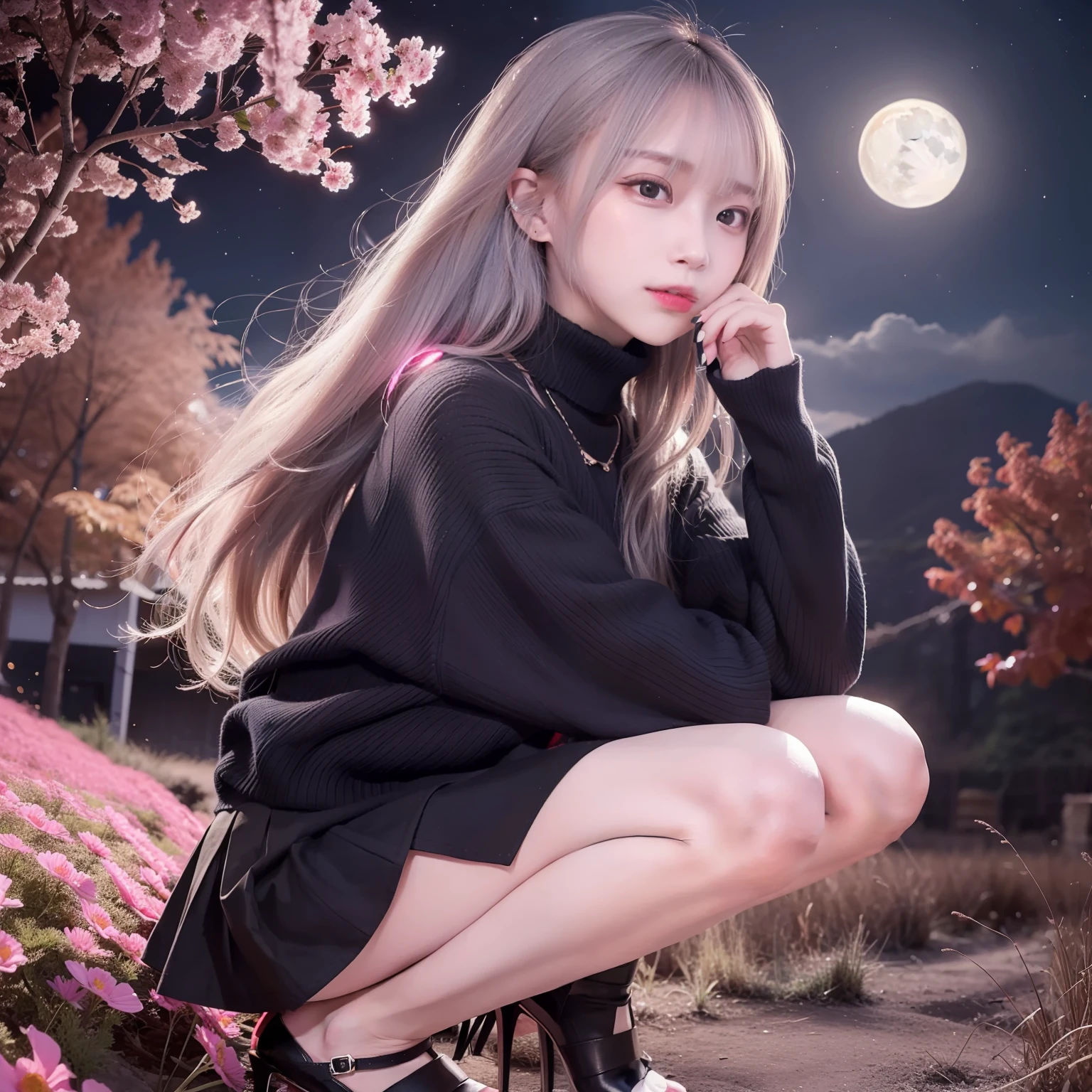 Vast landscape photos、（View from below with a view of the sky and the wilderness below）、Girl standing in a flower field and looking up、（fullmoon：1.2）、（shooting stars：0.9）、（nebulas：1.3）、mountain in the distance、Tree Break Production Art、(Warm color light source:1.2)、(fireflys:1.2)、abajour、Purple and orange、intricate detailes、Volume Lighting BREAK (​masterpiece:1.2)、(top-quality)、4K、ultra-detailliert、（The composition of the movement：1.4）、Highly detailed and colorful details（Irridescent color：1.2）、（Glowing lighting、Atmospheric illumination）、dream-like、Magical、（独奏：1.2）、a 18 year old girl、Pleated long skirt、10cm Black High Heels、Heel only red、squatting with your knees、Kuro's long hair、Hair fluttering in the wind、Black knitwear、Spread your hands a little、((A black hazy aura comes out of the palm))、Farbe々Cute little slime with beautiful colors is at your feet、