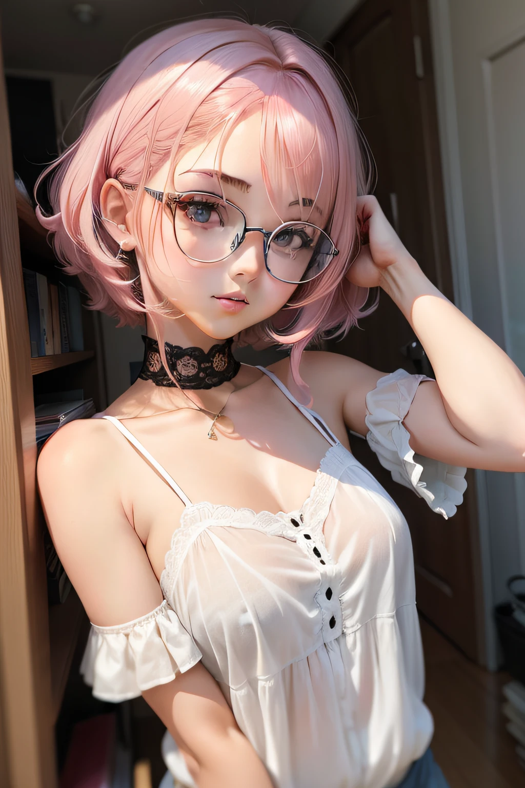 anime girl, 22 anos, linda, cabelo curto, cabelo branco, seria e brava, oculos.