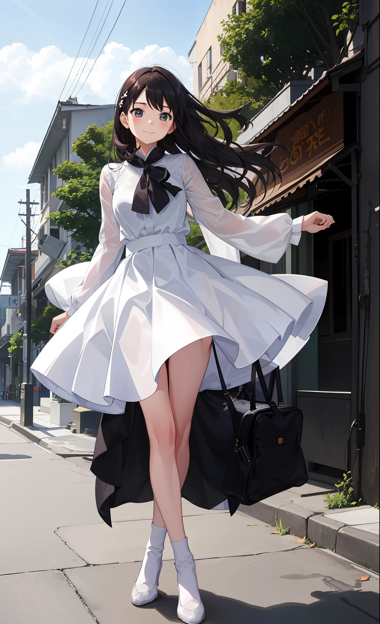 1girl in、A smile、The shirt、skirt by the、White fluffy dress、(small tits)、Chilarism、movement、the wind、