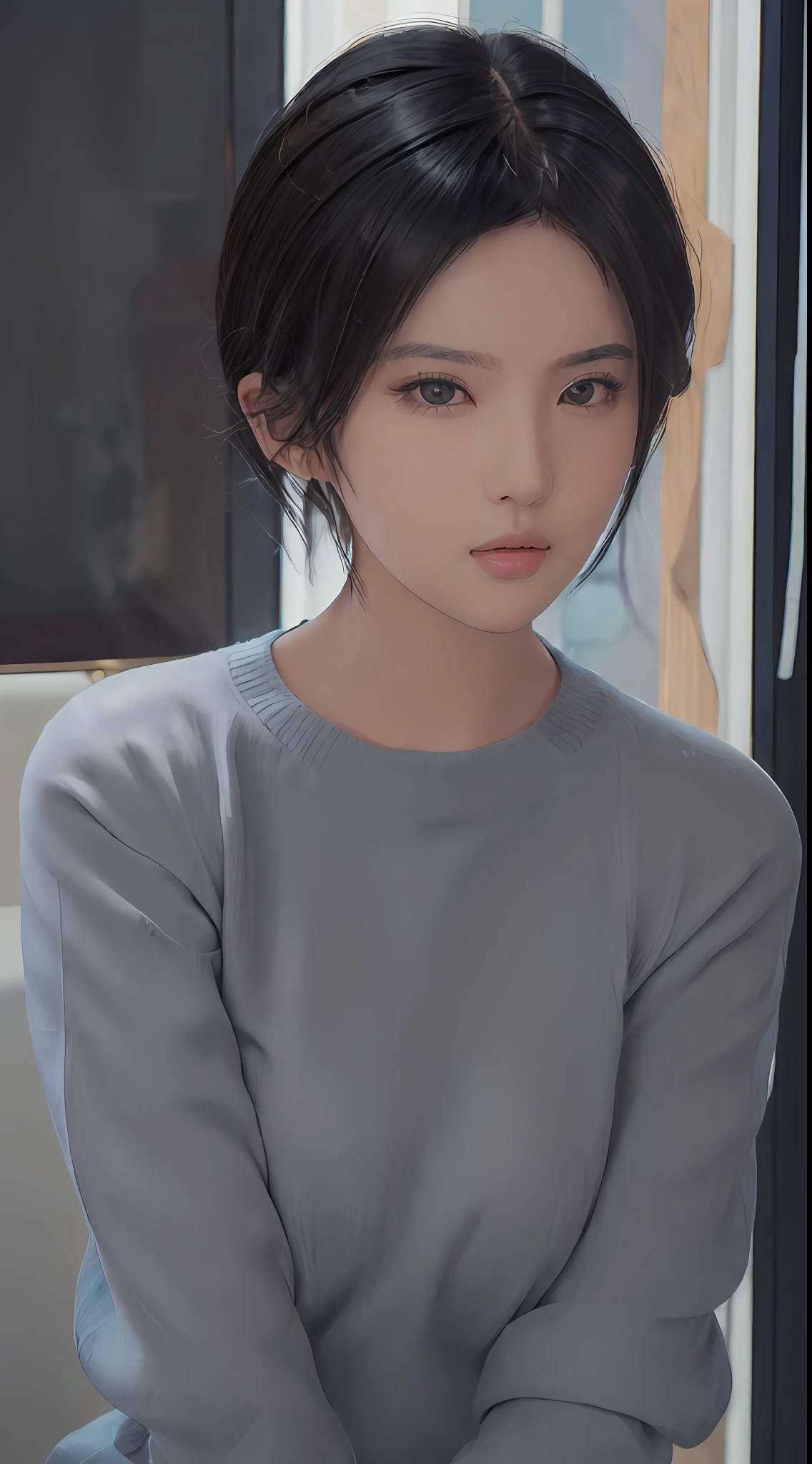 (masterpiece:1.3), (8k, photorealistic, RAW photo, best quality: 1.4), (1girl), beautiful face, (realistic face), (black hair, short hair:1.3), beautiful hairstyle, realistic eyes, beautiful detailed eyes, (realistic skin), beautiful skin, (sweater), absurdres, attractive, ultra high res, ultra realistic, highly detailed, golden ratio