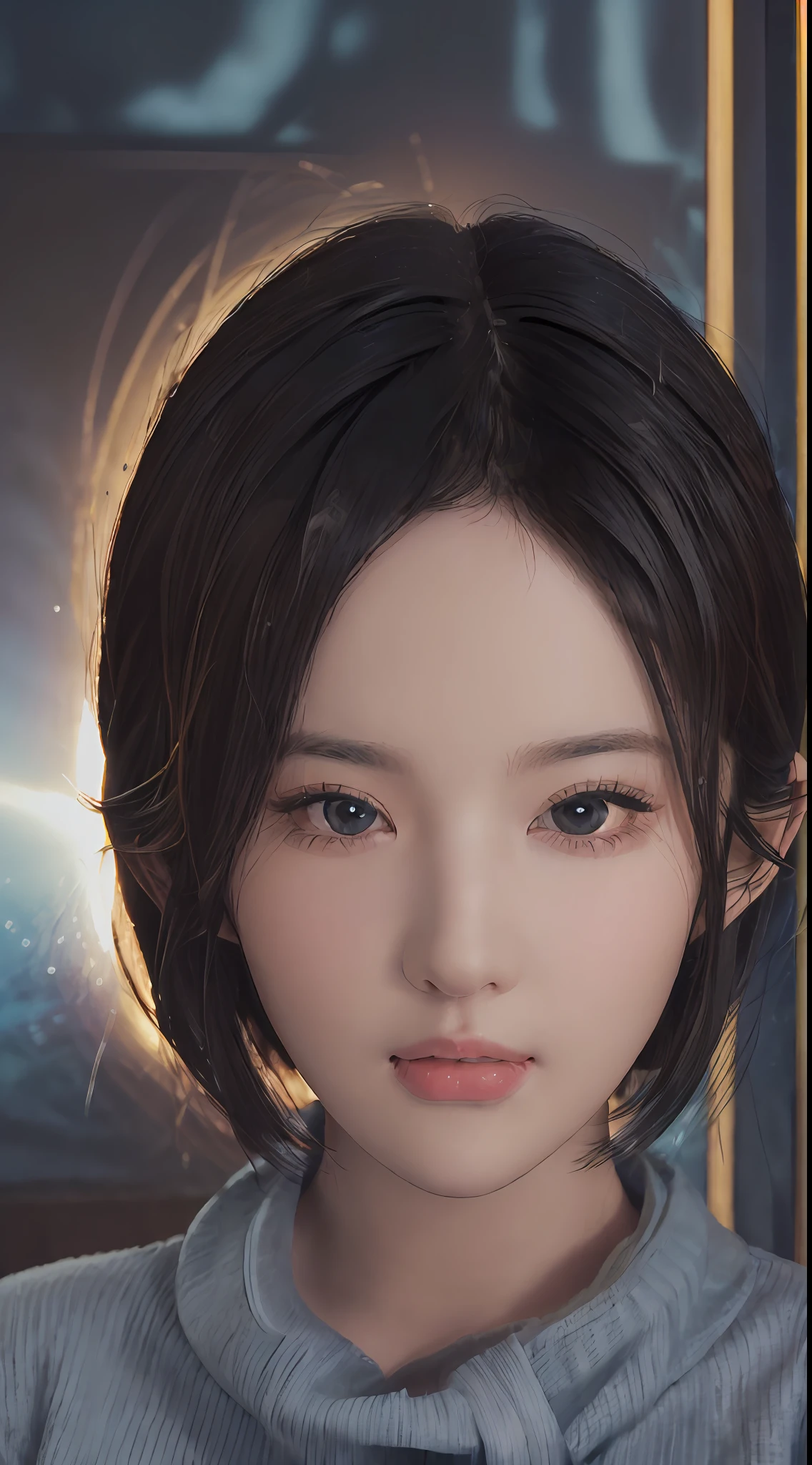 (masterpiece:1.3), (8k, photorealistic, RAW photo, best quality: 1.4), (1girl), beautiful face, (realistic face), (black hair, short hair:1.3), beautiful hairstyle, realistic eyes, beautiful detailed eyes, (realistic skin), beautiful skin, (sweater), absurdres, attractive, ultra high res, ultra realistic, highly detailed, golden ratio