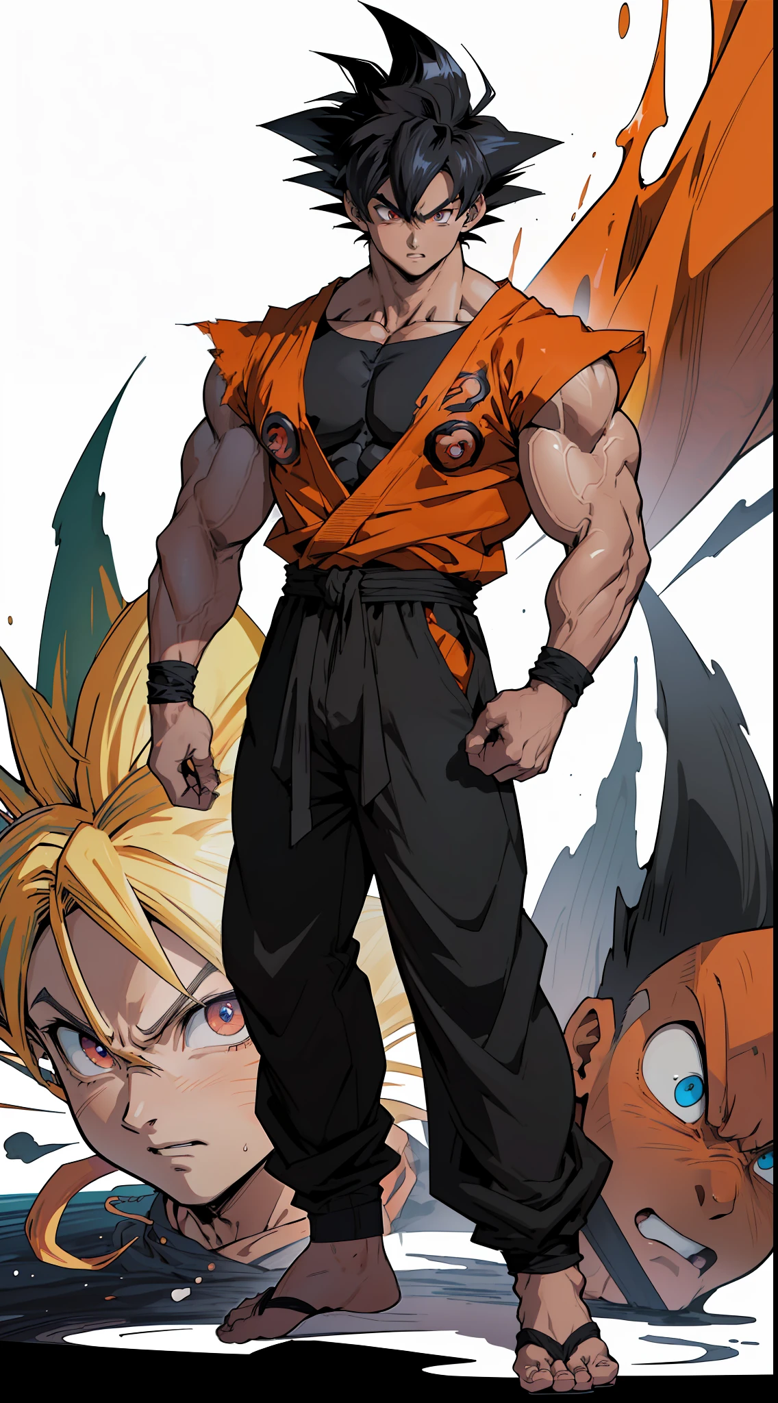 (anime) . ((Son Goku)), black eyes, in the space, full body . (Masterpiece: 1.8), (64k quality), (final fantasy artwork concept), detailed (manga eyes + hair + clothes + body + face + colors + shoulders + eyes (globular + transparent + liquid) + (sharper drawings) + (shiny jewelry) + (clothes folds) + (rounded eyes) + (consistent clothes) + (clothing features) + (eyes line), better (colorful + (coarser line) + (black line) + finishing . [Drawing] (Anime (Manga (Comics))) + (Coarse Line: 1.8) + (Black Line: 1.8) + (Color: 1.8) + (Clean: 1.8) + (Contrast: 1.8) + (Black Outline: 1.8) + (adjusted colors: 1.8) + (shadow set: 1.8) + (manga eyes: 1.8) + ((muscle: 1.8)) + ((bodybuilder: 1.8)), ((made homogeneous: 1.3))