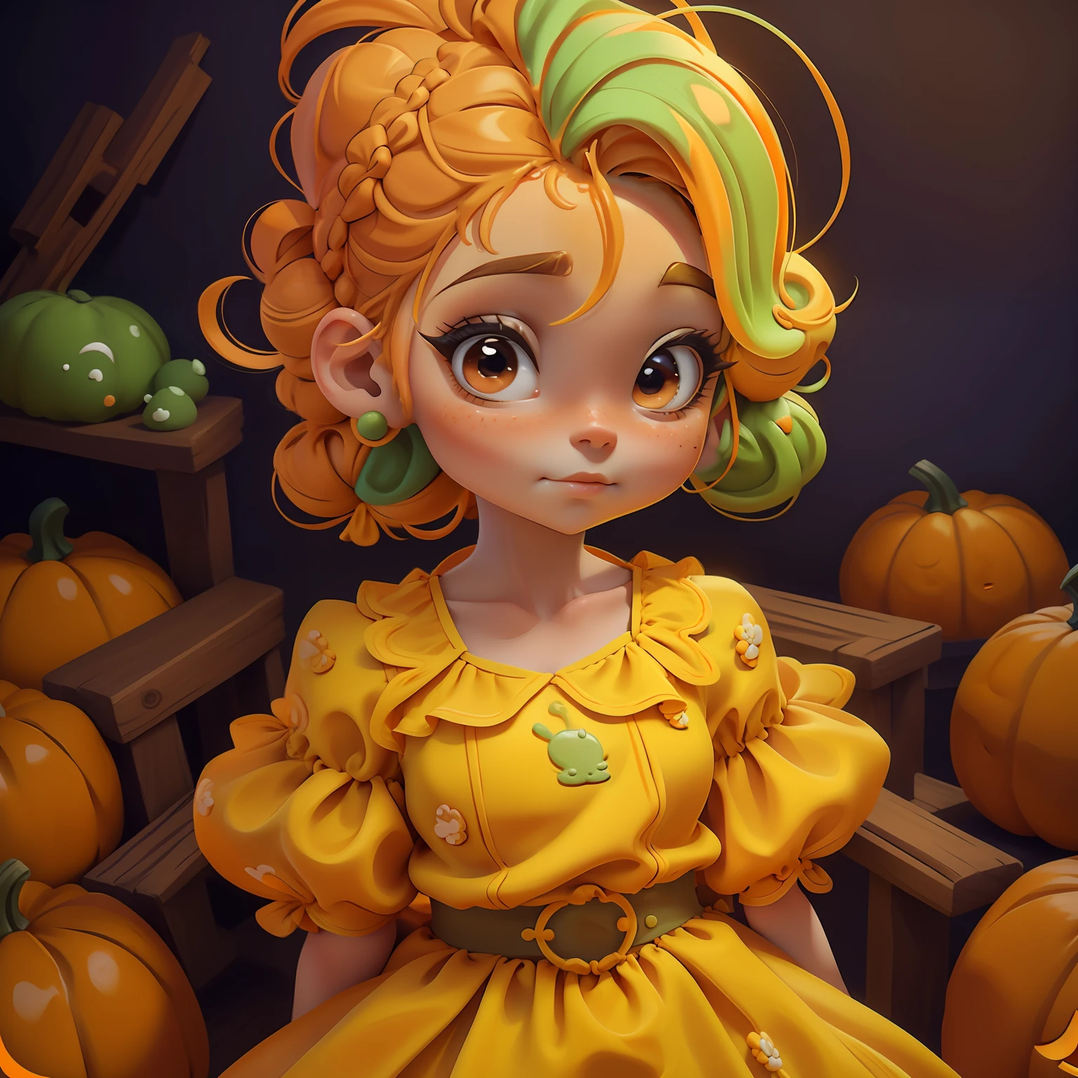 , Slime hair Penteado duplo buns estilo de cabelo, Orange Pumpkin, Vestido branco da princesa com cinto da arma, master part, best quality