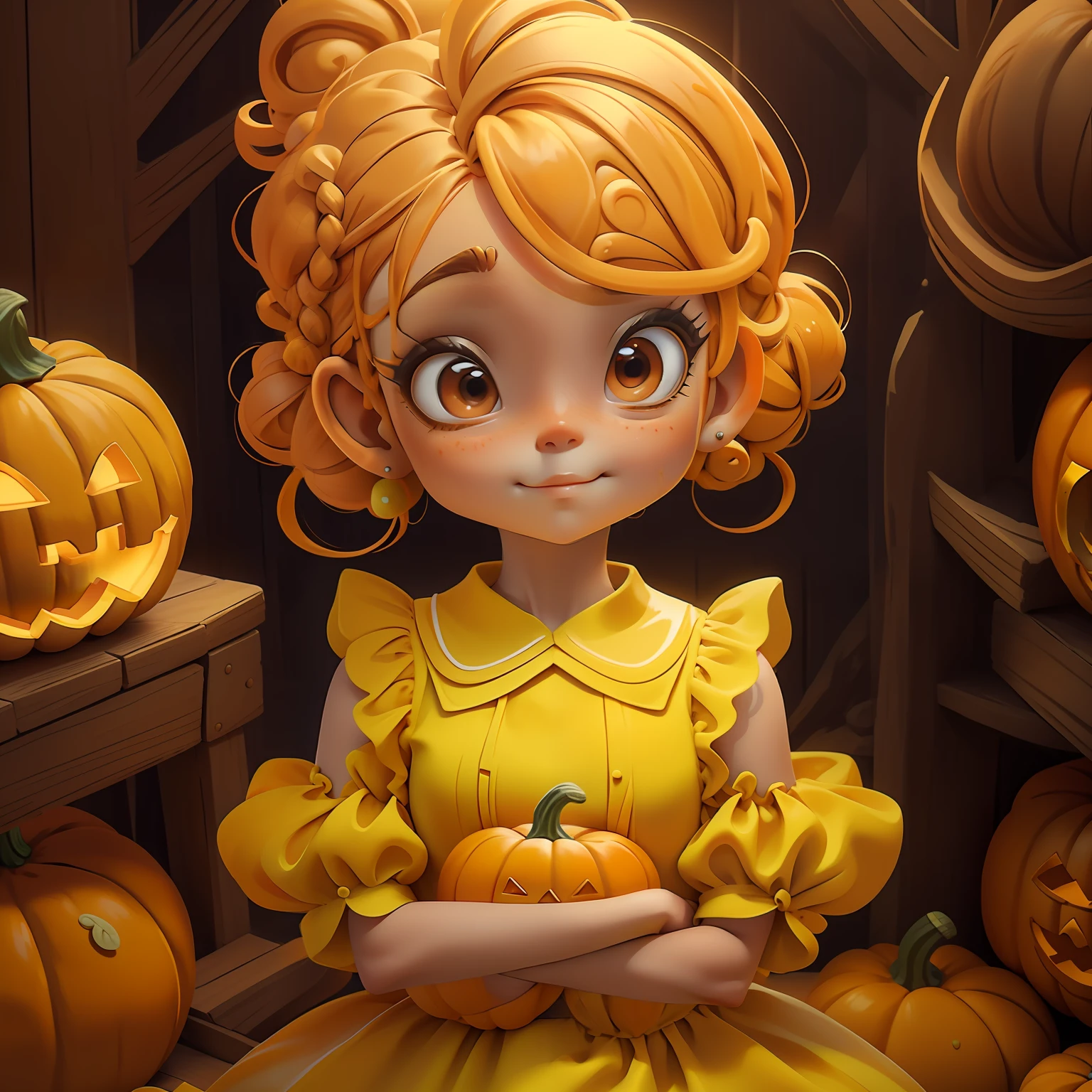 baby, Slime hair Penteado duplo buns estilo de cabelo, Orange Pumpkin, Vestido branco da princesa com cinto da arma, master part, best quality