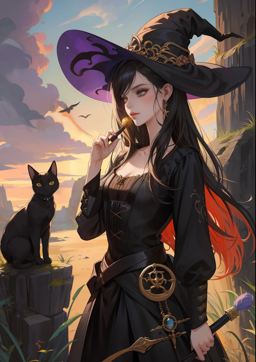 pintura de uma mulher em um traje de bruxa voando em uma vassoura com um gato, sky witch, bruxa do gato, Witchy, bruxa, Conto de fadas de bruxa, voando na vassoura, oil painting of cat witch, Directed by: Cynthia Sheppard, Uma bruxa, menina bruxa, estilo de arte de fantasia, classical witch, bruxa brilhante, inspirado em Cynthia Sheppard, bruxa cowboy bonita, fanart detalhado
