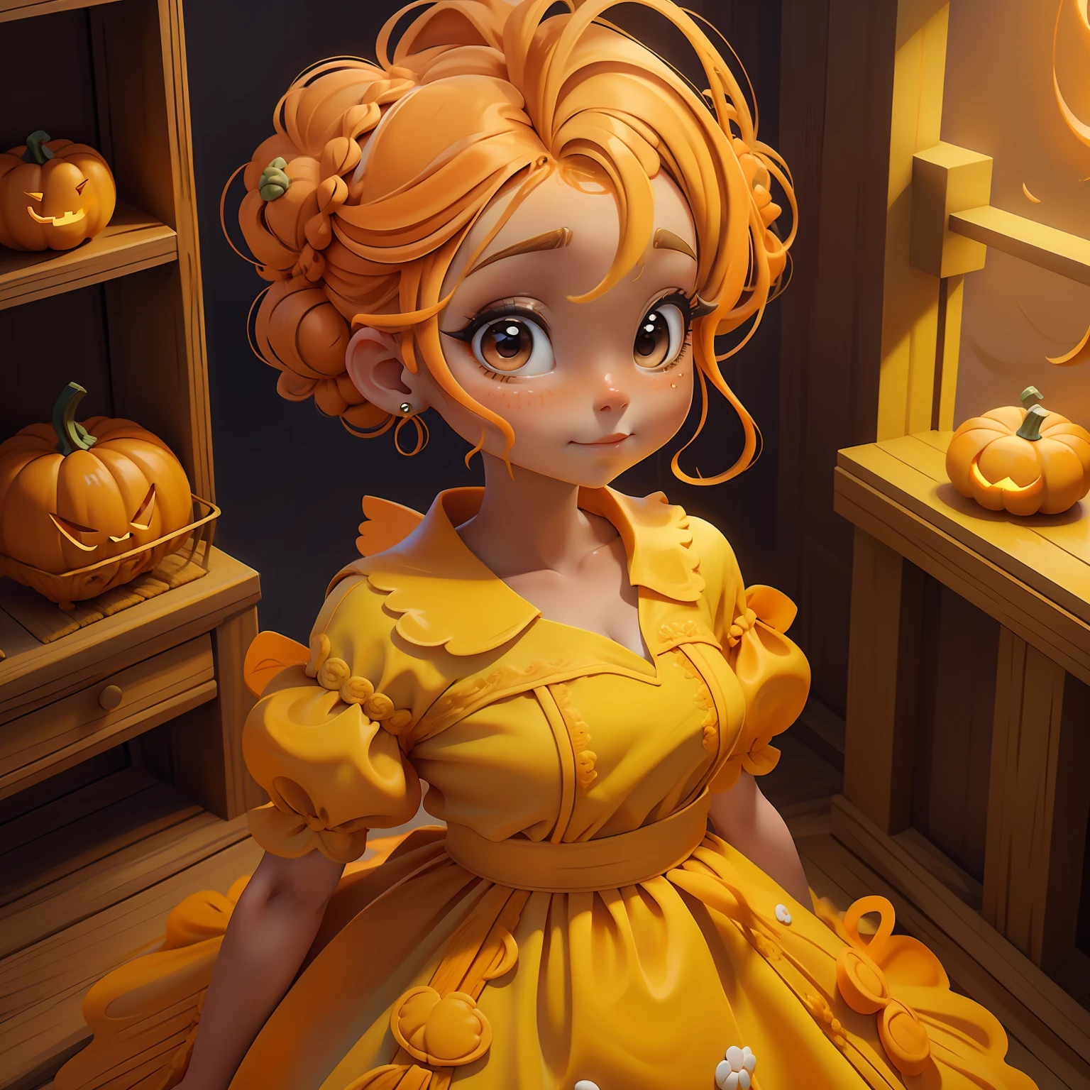 , Slime hair Penteado duplo buns estilo de cabelo, Orange Pumpkin, Vestido branco da princesa com cinto da arma, master part, best quality