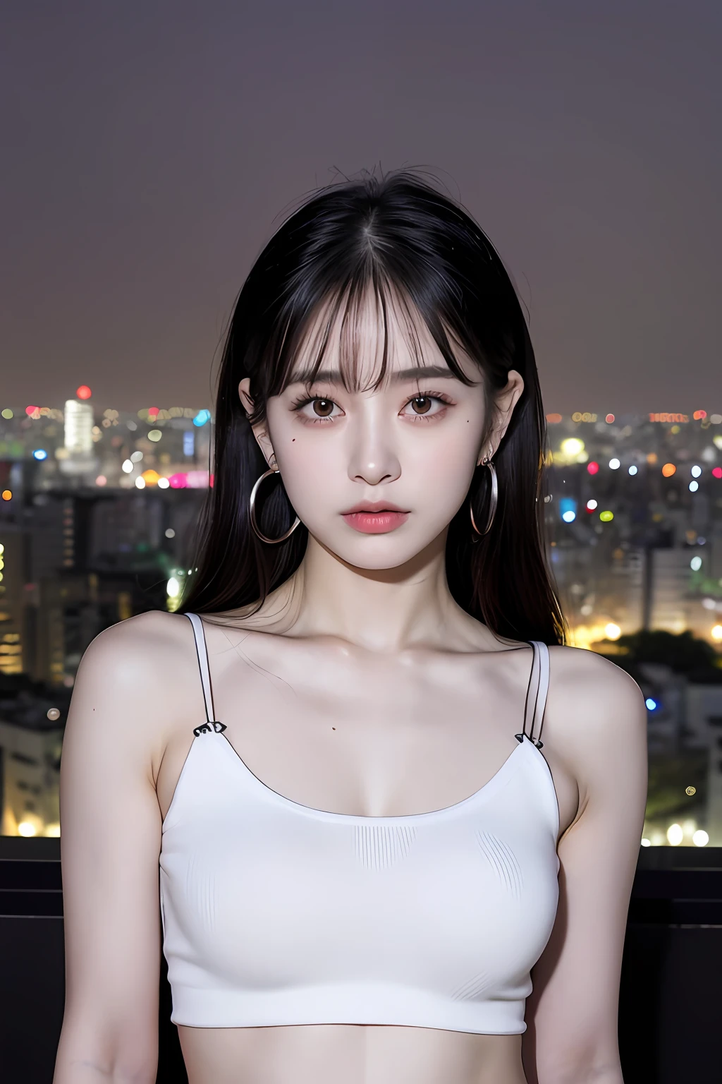 (extra detailed body、extra detailed face、best qualtiy:1.2)、femele、looking at the viewers、(White half top、piercings、abdominals、JINS)、(Tokyo at night in the background:1.4)