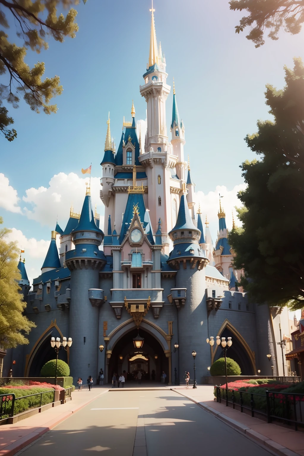 Front of Disneyland with cute fairytale square in anime style