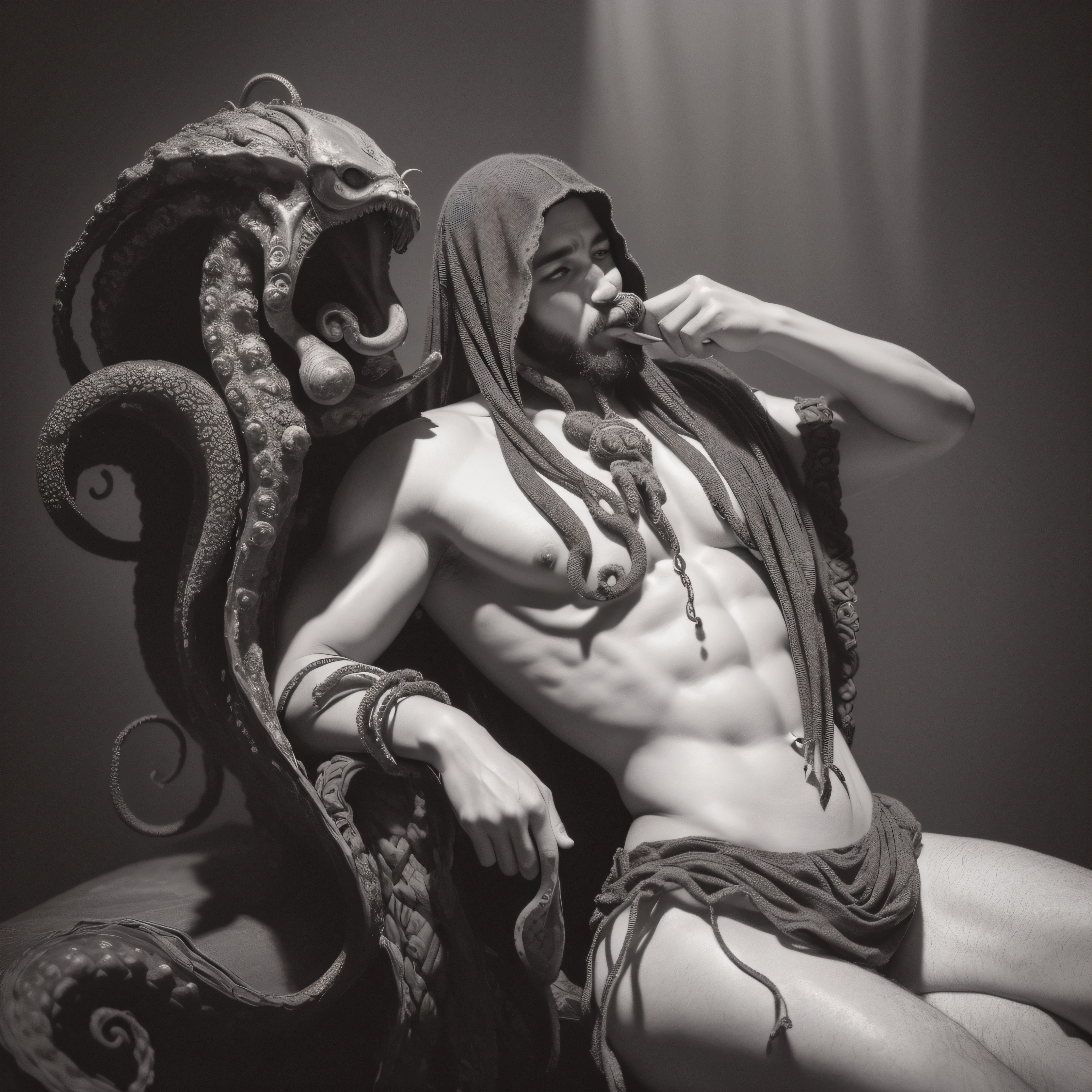 (extremadamente detallado, obra maestra, La mejor calidad), Estilo oscuro, intense illumination, rostro con arrugas, lengua larga, tentacle, deforme, monstruoso, interior de una piscina de agua verdosa, imagen submarina, alien con Colmillos finos, pico de pulpo amenazante. manchas de tinta. Rococo composition. Luz de caravaggio