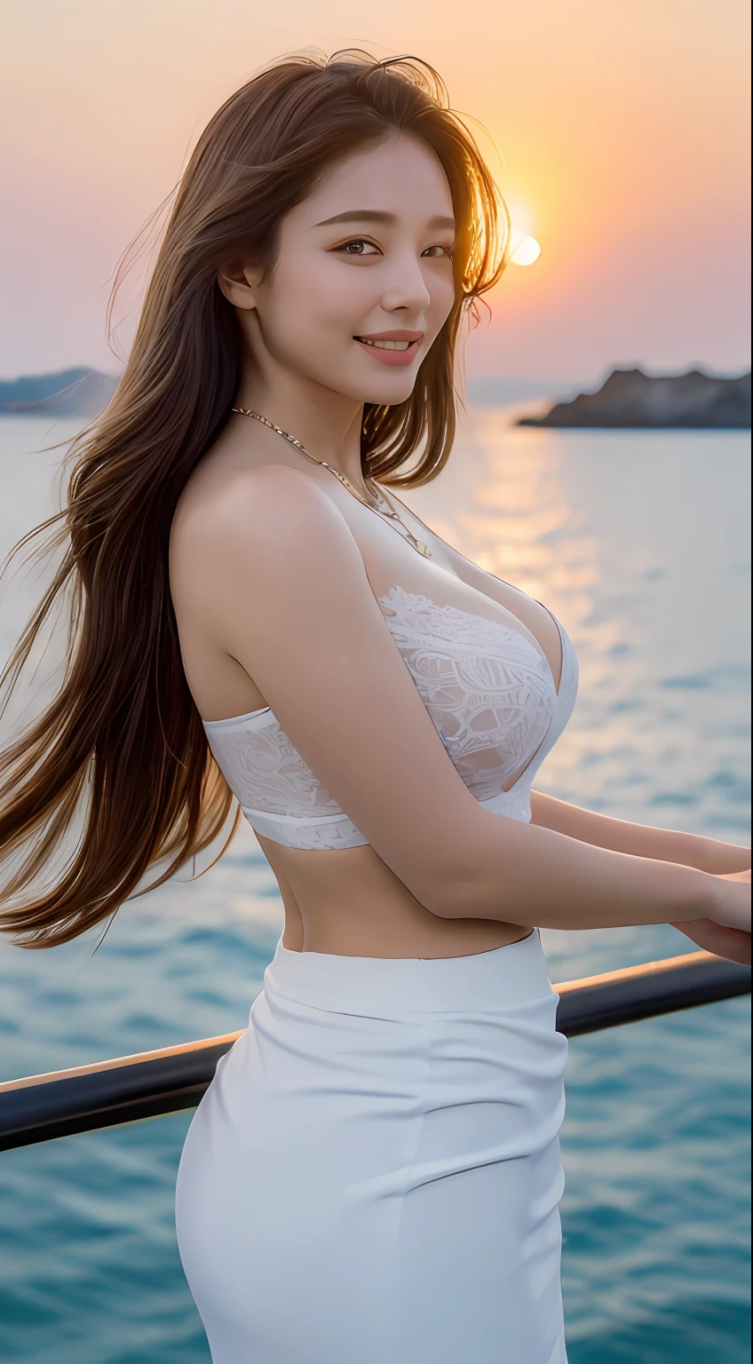 ((Best Quality, 8k, Masterpiece:1.3)), Focus:1.2, Perfect Body Beauty:1.4, Buttocks:1.2, ((Delicate Long Hair)), (Hip Wrap Skirt:1.1) , (Ship, Sea: 1.3),, Highly detailed face and skin texture, Delicate eyes, Double eyelids, Whitened skin, Smile, wearing necklaces, rings, on ships, sun on people's faces, big breasts