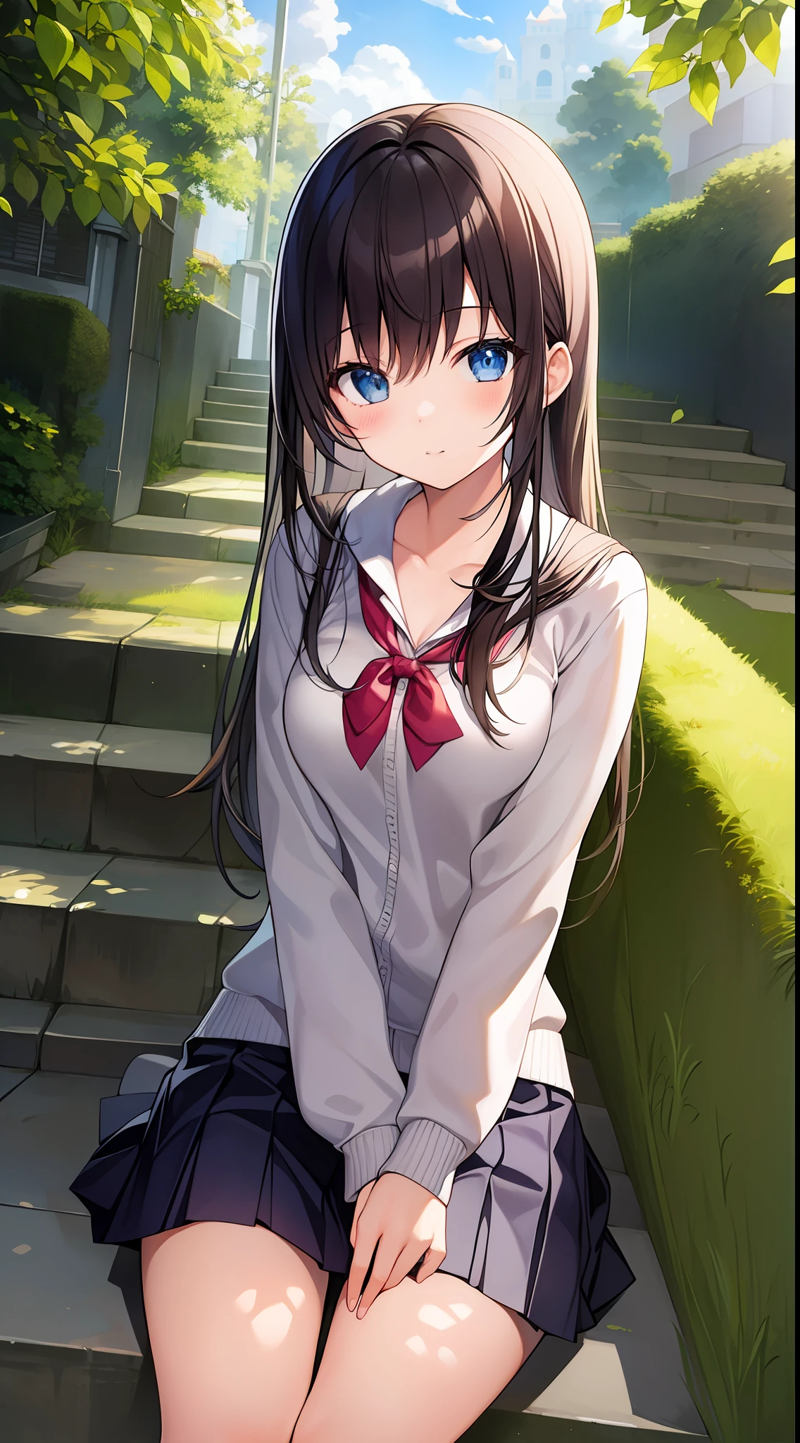 Masterpiece、hight resolution、1girl in、hi-school girl、a miniskirt、sitting on stairs、Cute anime illustration、