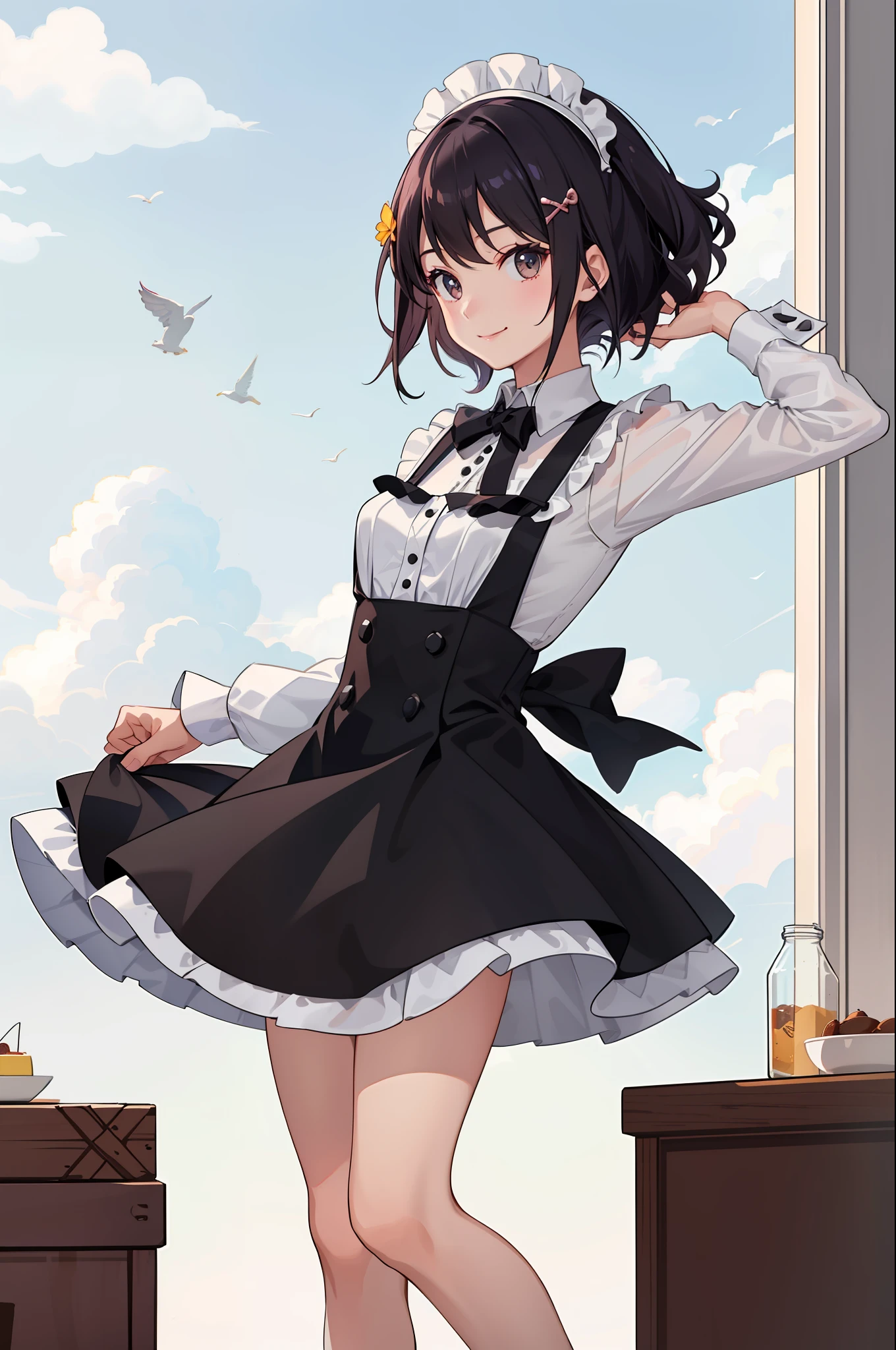 1girl in、A smile、A delightful、skirt by the、(small tits)Chilarism、doress、pinafore,,,,,,、Maids,,,,,,,,、hair adornments、movement、